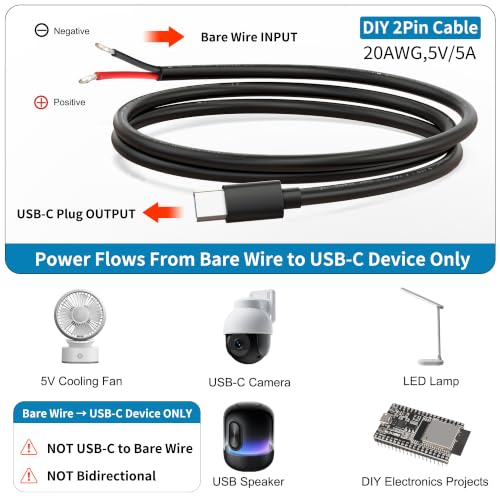 USB-C Power Cable (Input Only) with Copper Quick Wire Connector, 20AWG 5V 5A DC Power Lead, from Bare Wire DC Input for USB-C Device Power Input, 1M,
