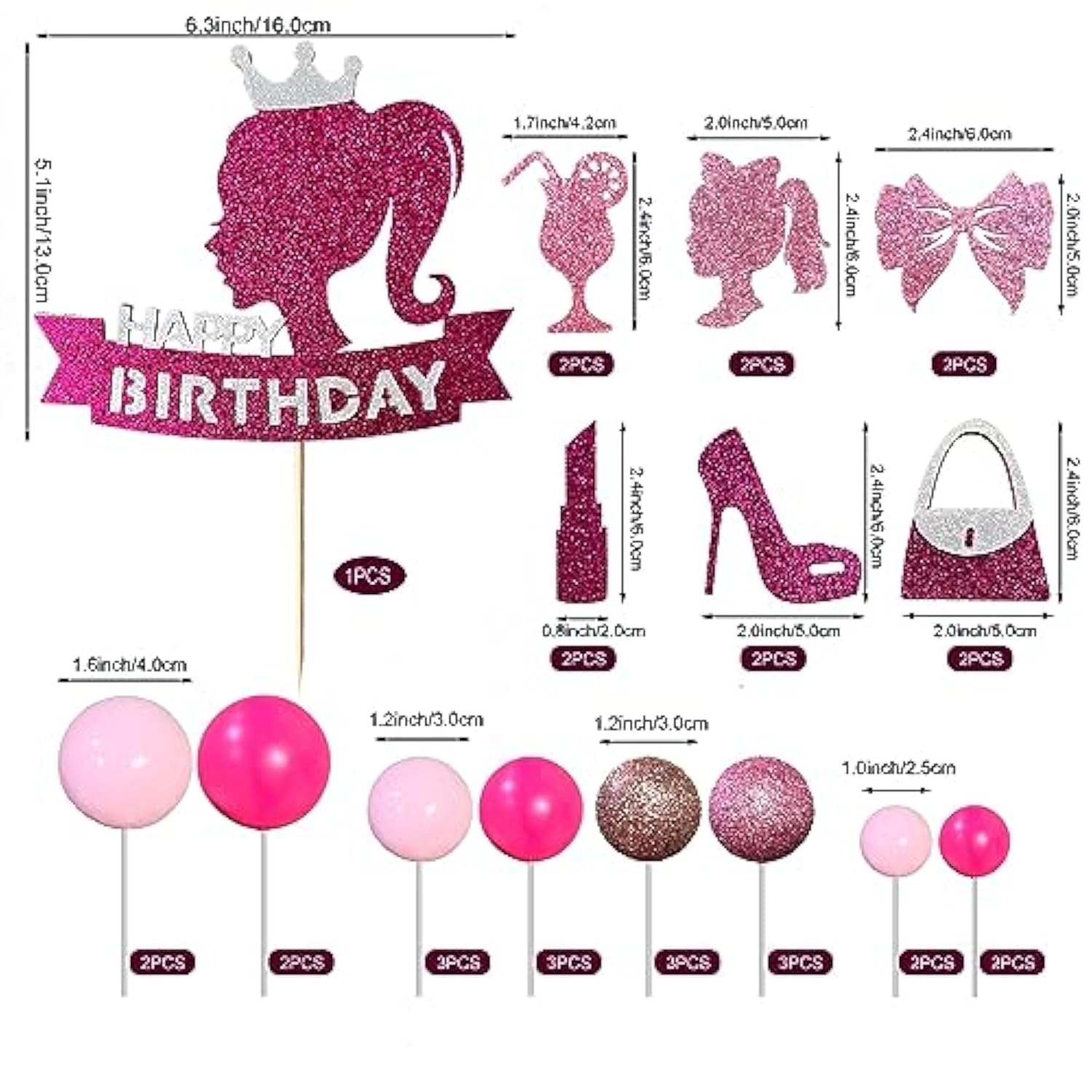 Hot Pink Girl Princess Cake Decorations - Glitter Happy Birthday Cake Topper With 20 Balls For Cake Decorating & 12 Girls Cupcake Toppers, Perfect Birthday Baby Shower Party Supplies For Barbie Fans