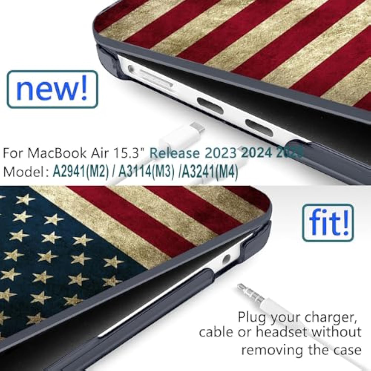 Compatible With Macbook Air 15 Inch Case 2023 2024 Release M3 A3114 A2941 M2 Chip Durable Plastic Shell Case With Keyboard Cover & Mac Os Keyboard Sticker (Usa Flag)
