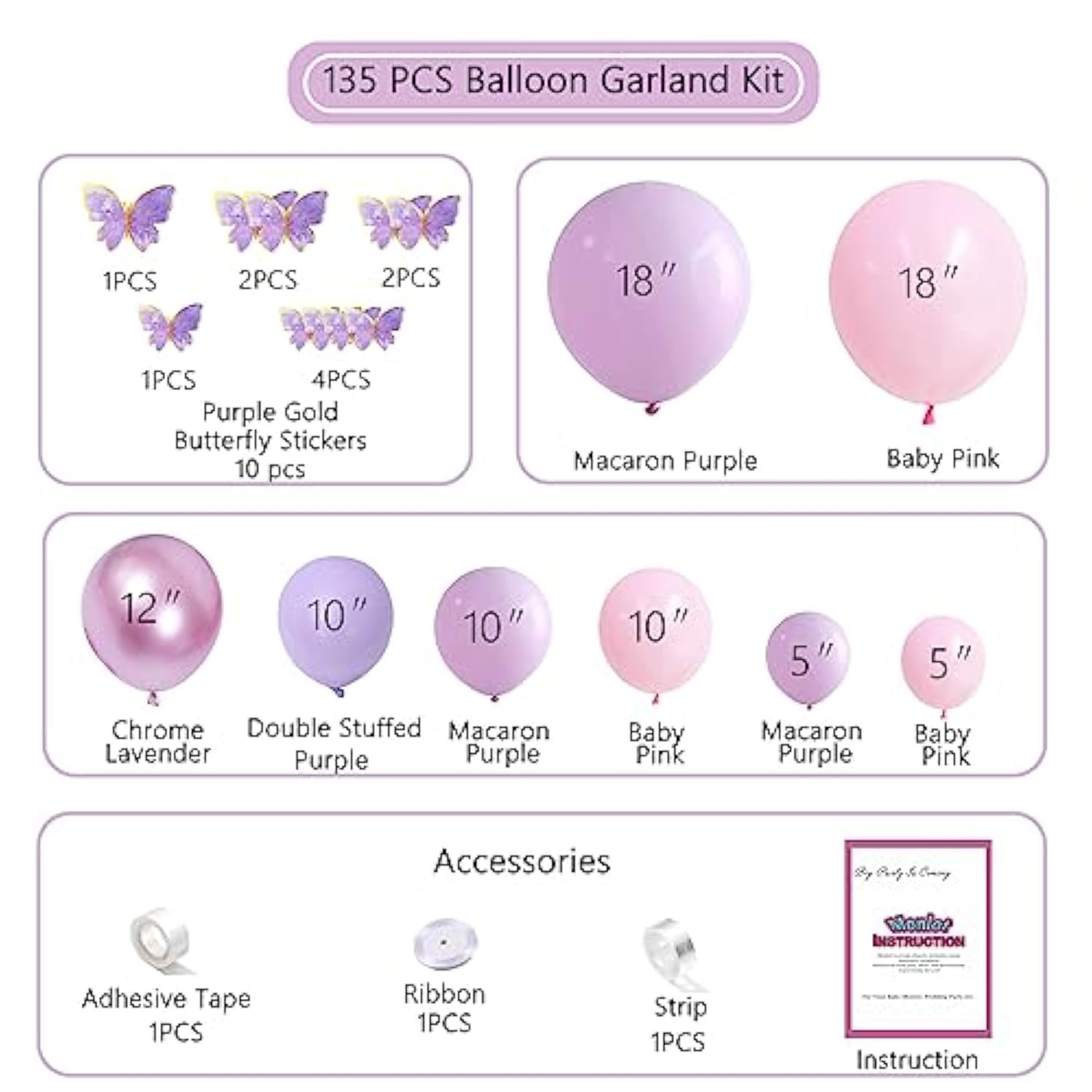 Pink & Purple Balloon Arch Kit: Metallic Lilac, Double Stuffed Balloons, Butterfly Stickers