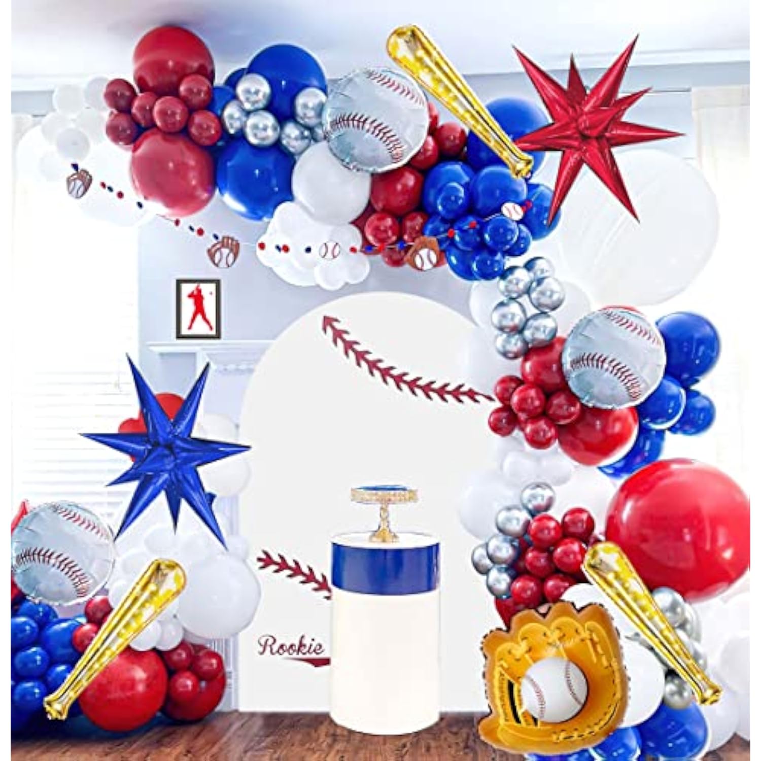 Baseball Balloon Garland Arch Kit 150Pcs Red Blue White Silver And Starburst Baseball Bat Glove Balloons Fot Sport Theme Party Rookie Year 1St Birthday Decorations