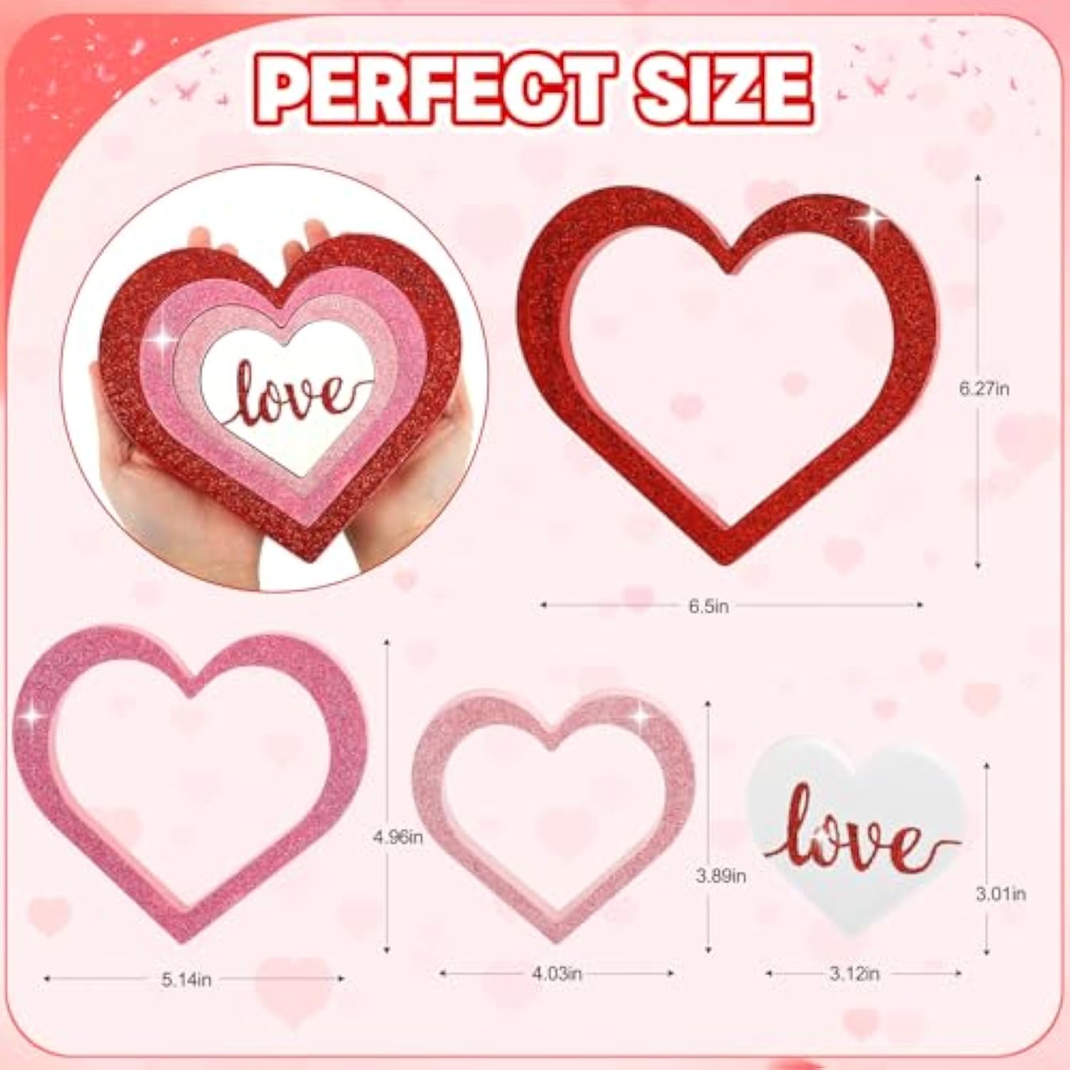 Wooden Hearts Valentine'S Day Decorations Indoor, Wood Heart Blocks Tiered Tray Decor Set Of 4, Red Pink White Valentine Decoration For Table Desk Home Party Office Shelf Door (Glitter)
