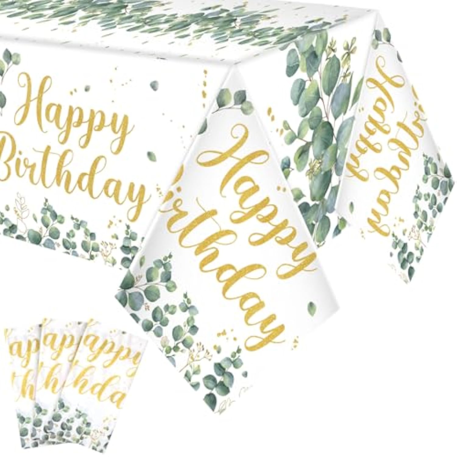 3 Pcs Sage Green Disposable Tablecloth Happy Birthday Table Cover 54 X 108 Inch Eucalyptus Leaf Plastic Table Cloth Greenery Birthday Party Decorations For Boys Girls Women Men