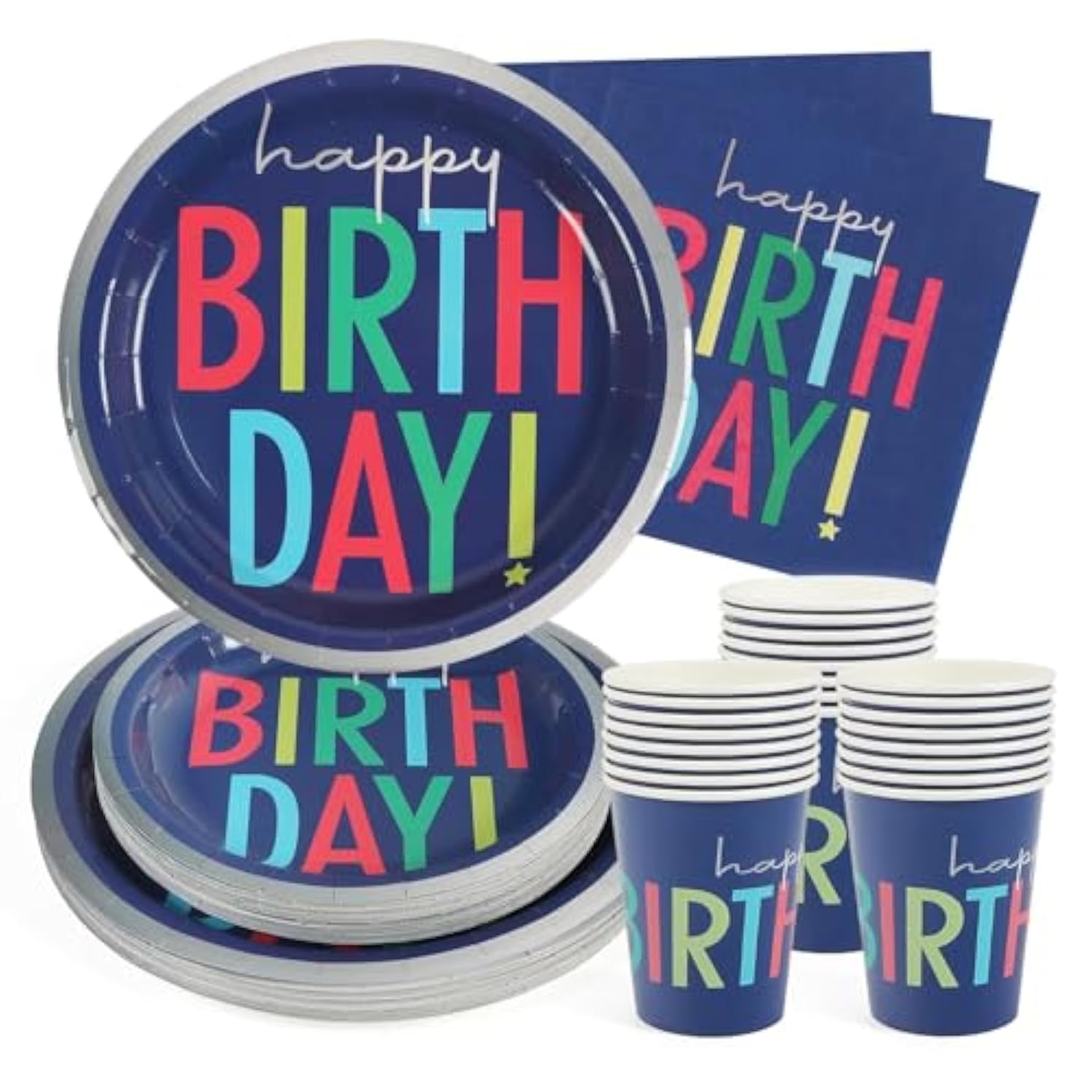 96 Pcs Birthday Plates And Cups And Napkins Party Supplies, Blue Happy Birthday Party Paper Plates And Napkins Sets For Kids, Serve For 24 Guests, Blue, Classic