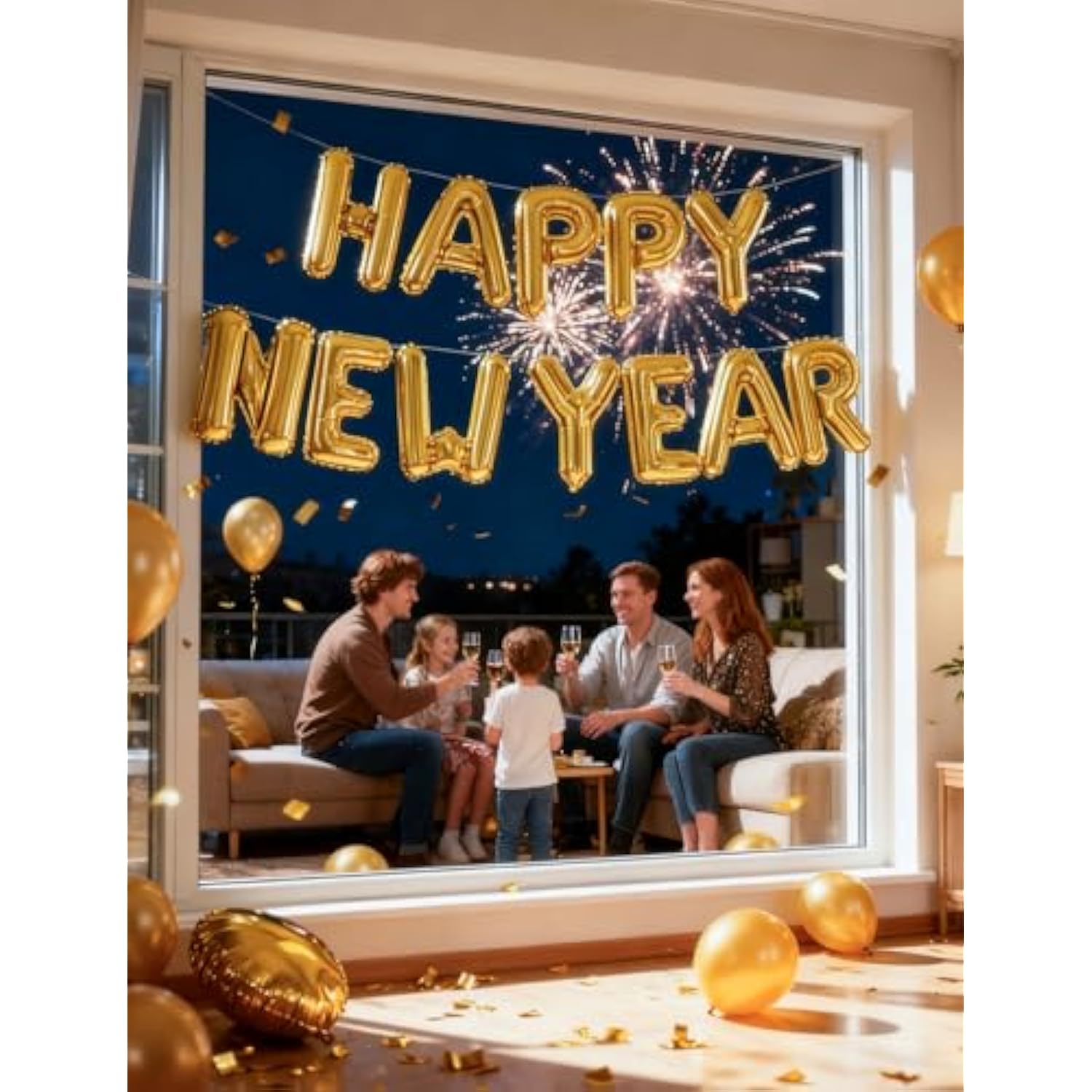 16in Gold Happy New Year Foil Balloon with Straw and Ribbon for NYE Decor