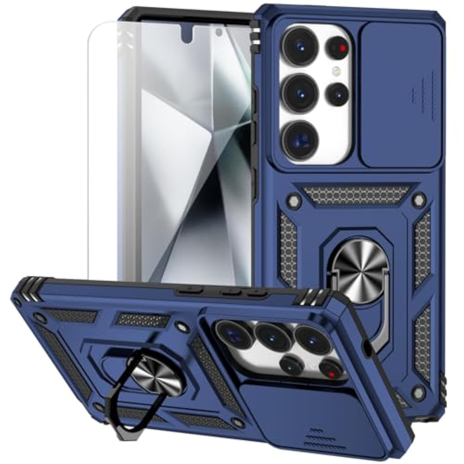 For Samsung Galaxy S25 Ultra Case With Camera Lens Cover Hd Screen Protector, Military-Grade Drop Tested Magnetic Ring Holder Kickstand Protective Phone Case For Samsung Galaxy S25 Ultra (Navy Blue)