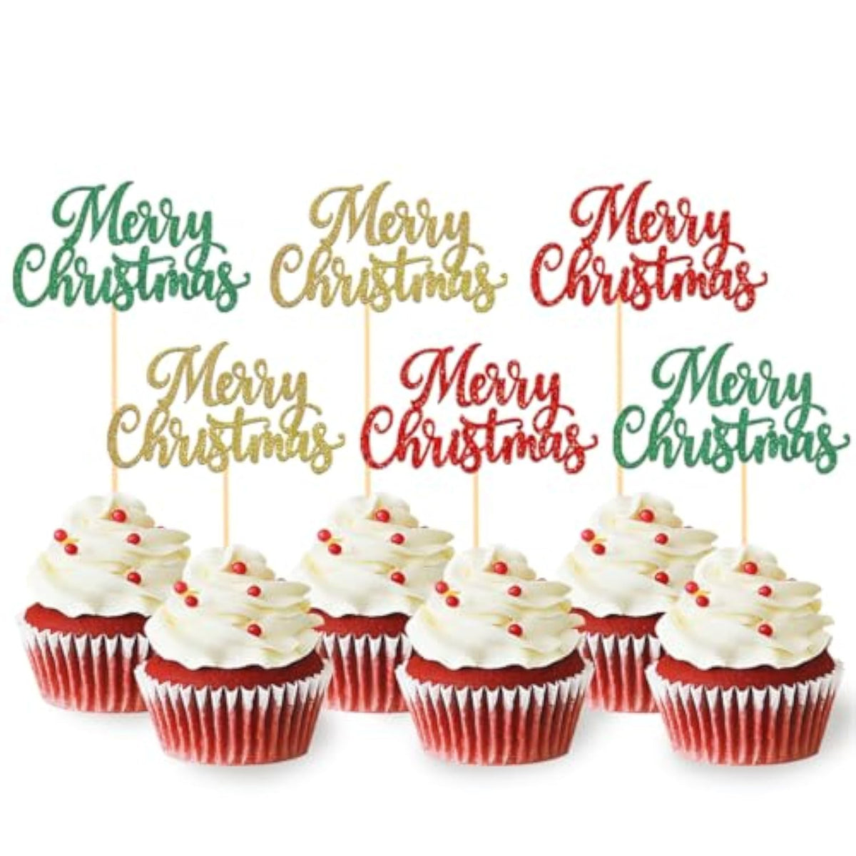 24pcs Merry Christmas Cupcake Toppers Xmas Party Cake Decor