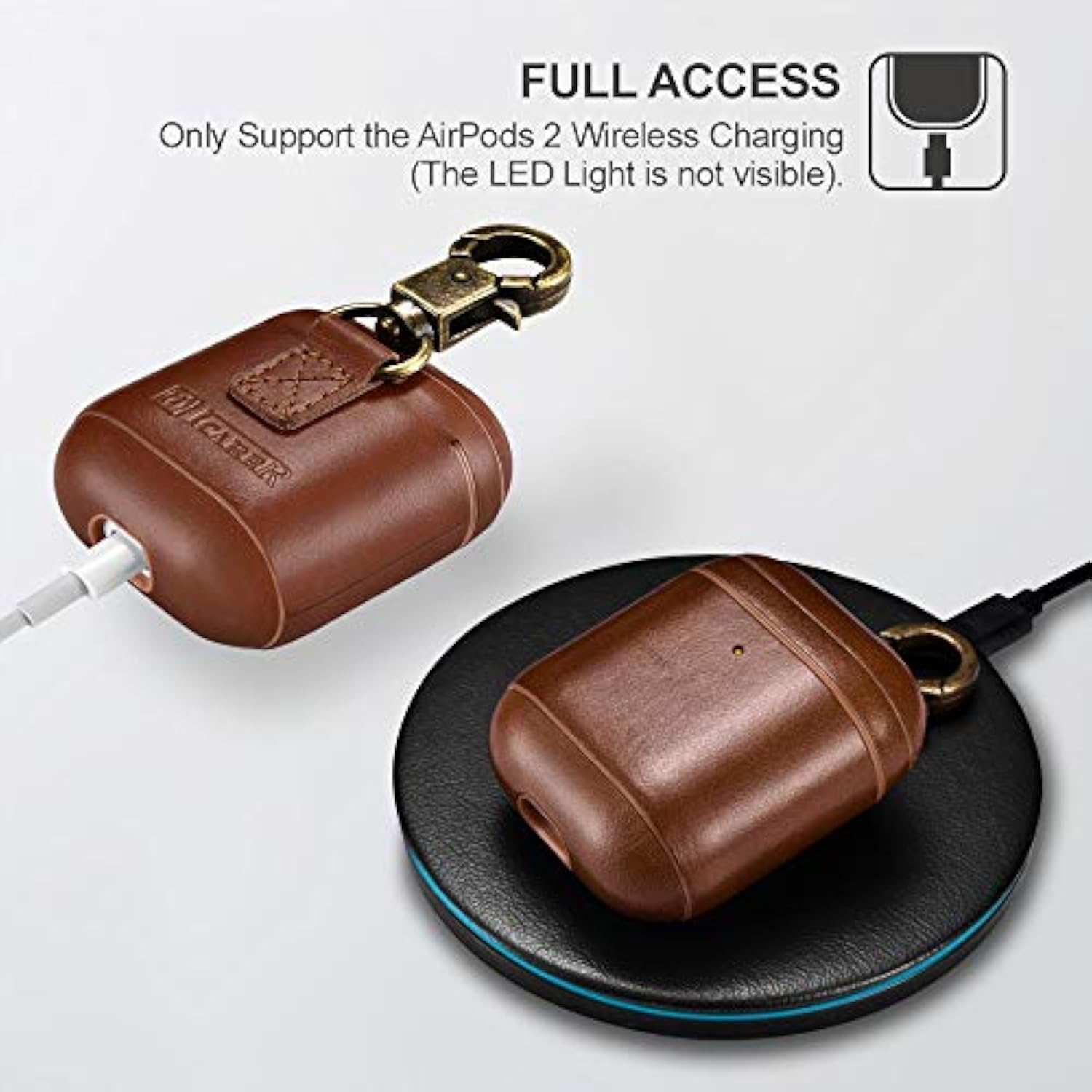 AirPods Leather Case, ICARER Genuine Leather AirPod case with Keychain and Led Light for Apple AirPods 2 Case & Airpods 1, Support Wireless Charging(Brown)