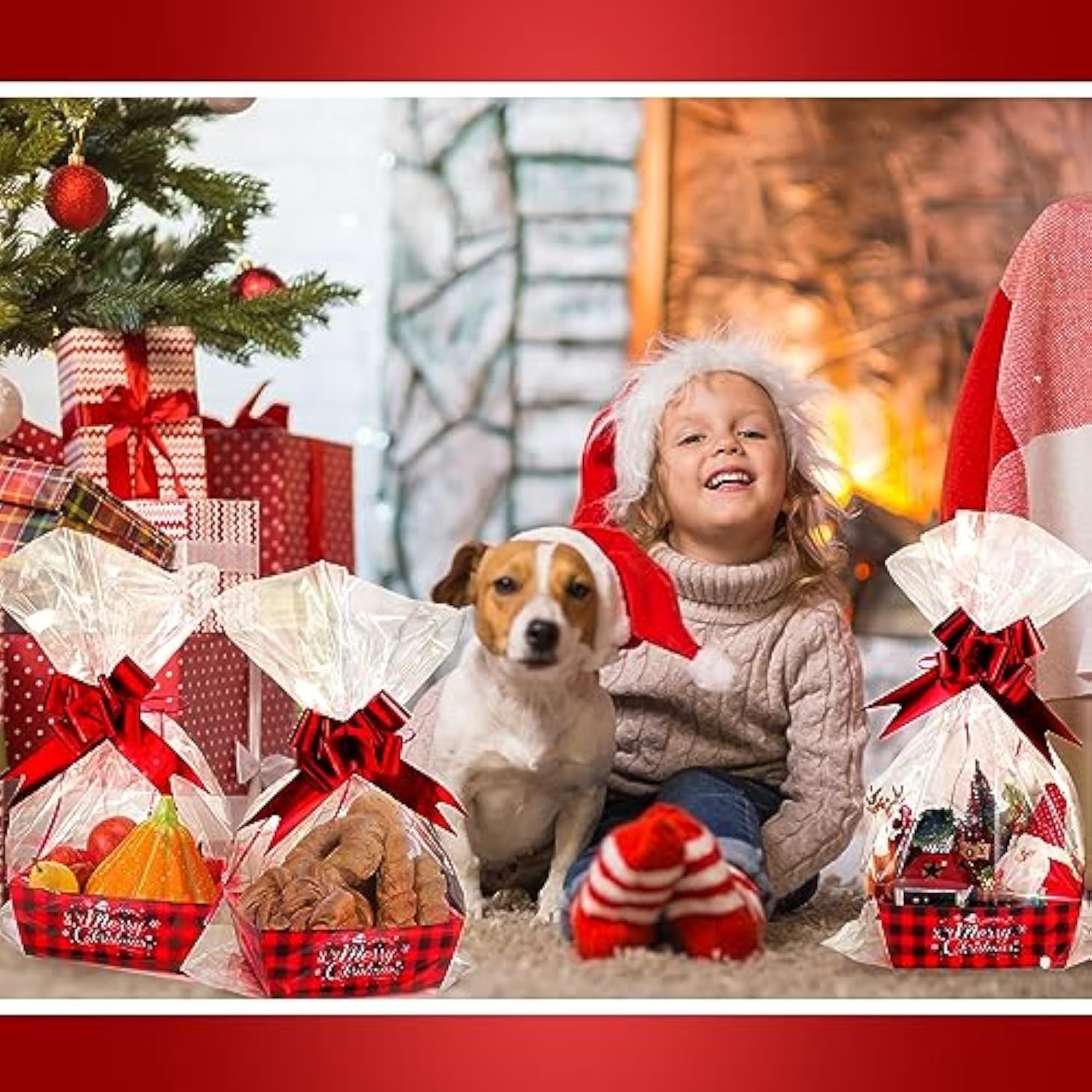72 Pcs Christmas Gift Baskets Empty To Fill Kit Diy Basket For Gifts Empty Bulk 24 Tray Favor With Handles 24 Bows 24 Clear Basket Bags For Xmas Holiday Birthday (Buffalo Plaid)