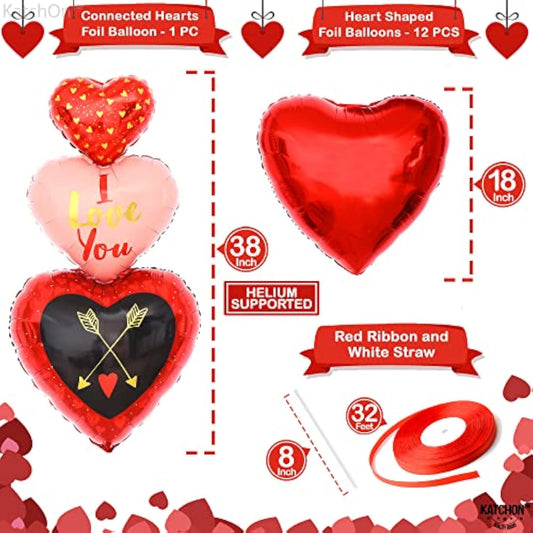 , Big 12+1 Red Heart Balloons Decorations - 38 Inch, Pack Of 13 | Hear