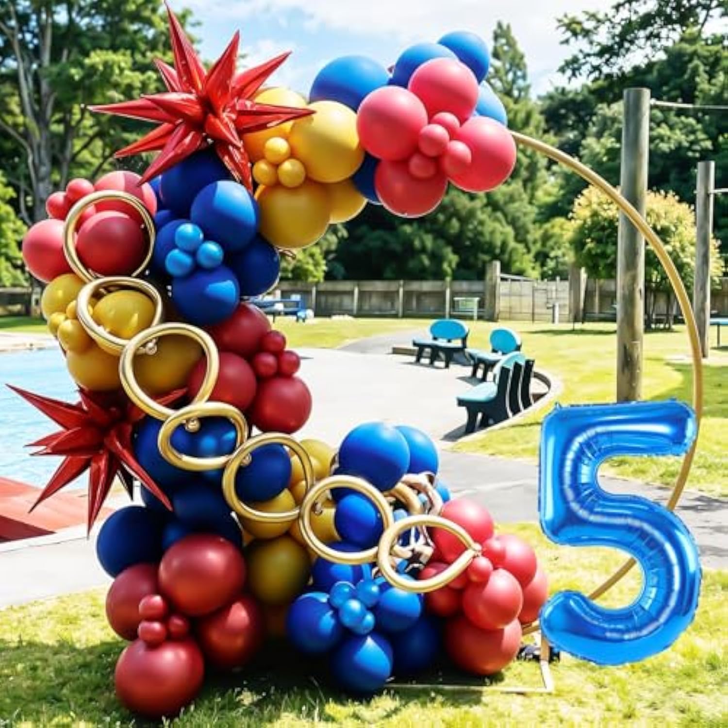 Red Blue Yellow 5Th Birthday Balloons Arch, Royal Blue Metallic Gold Balloon Garland Kit, Red Star Foil Blue Number 5 Balloon Tower For 5 Year Old Kids Boys Birthday Baby Shower Party Decorations