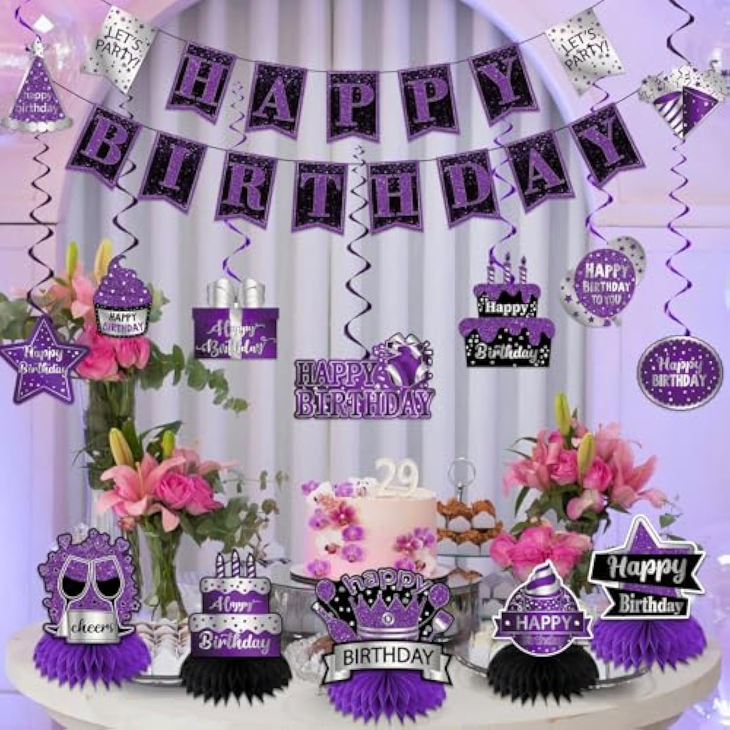 Purple Birthday Decorations for Women, Banner, Swirls & Honeycomb Centerpieces