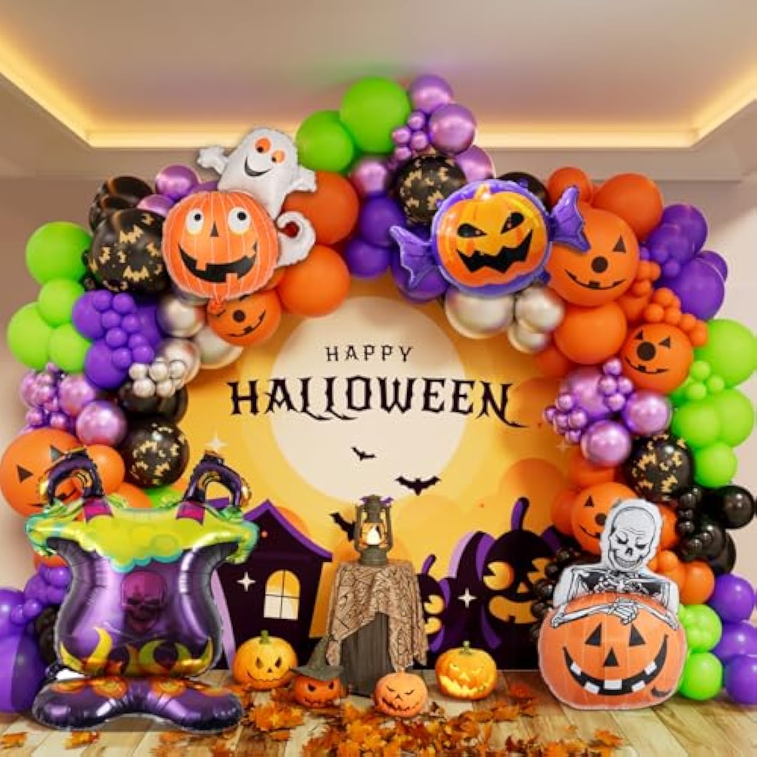 153Pcs Halloween Balloon Arch Kit - Ghost, Pumpkin, Candy & Black Orange Green Purple