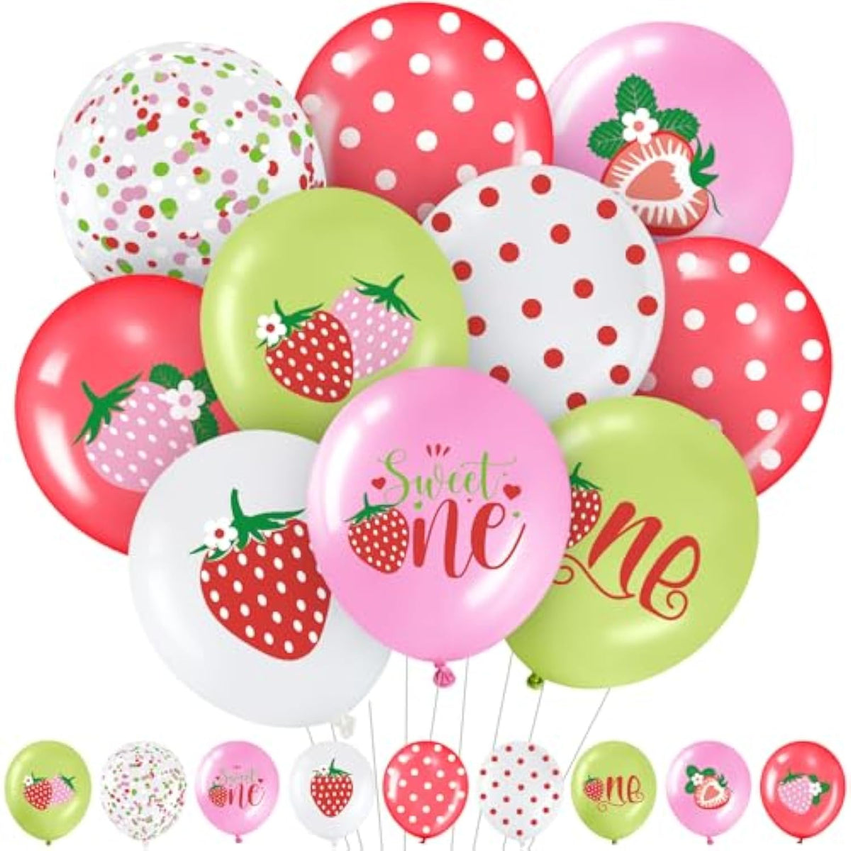 36 Pcs Strawberry Theme Balloons Strawberry Polka Dot Sweet One Balloons For Girls First Birthday Party Decorations Summer Fruit Baby Shower Supplies, 12 Inch