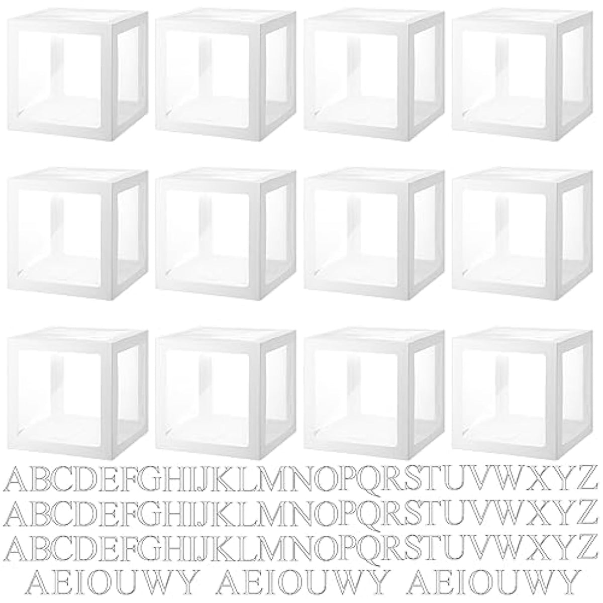 12 Pcs Transparent Balloon Boxes Clear Balloon Boxes With 99 Letters For Baby Shower Gender Reveal Grad Birthday Party Bridal Wedding Anniversary Backdrop Decoration (White)