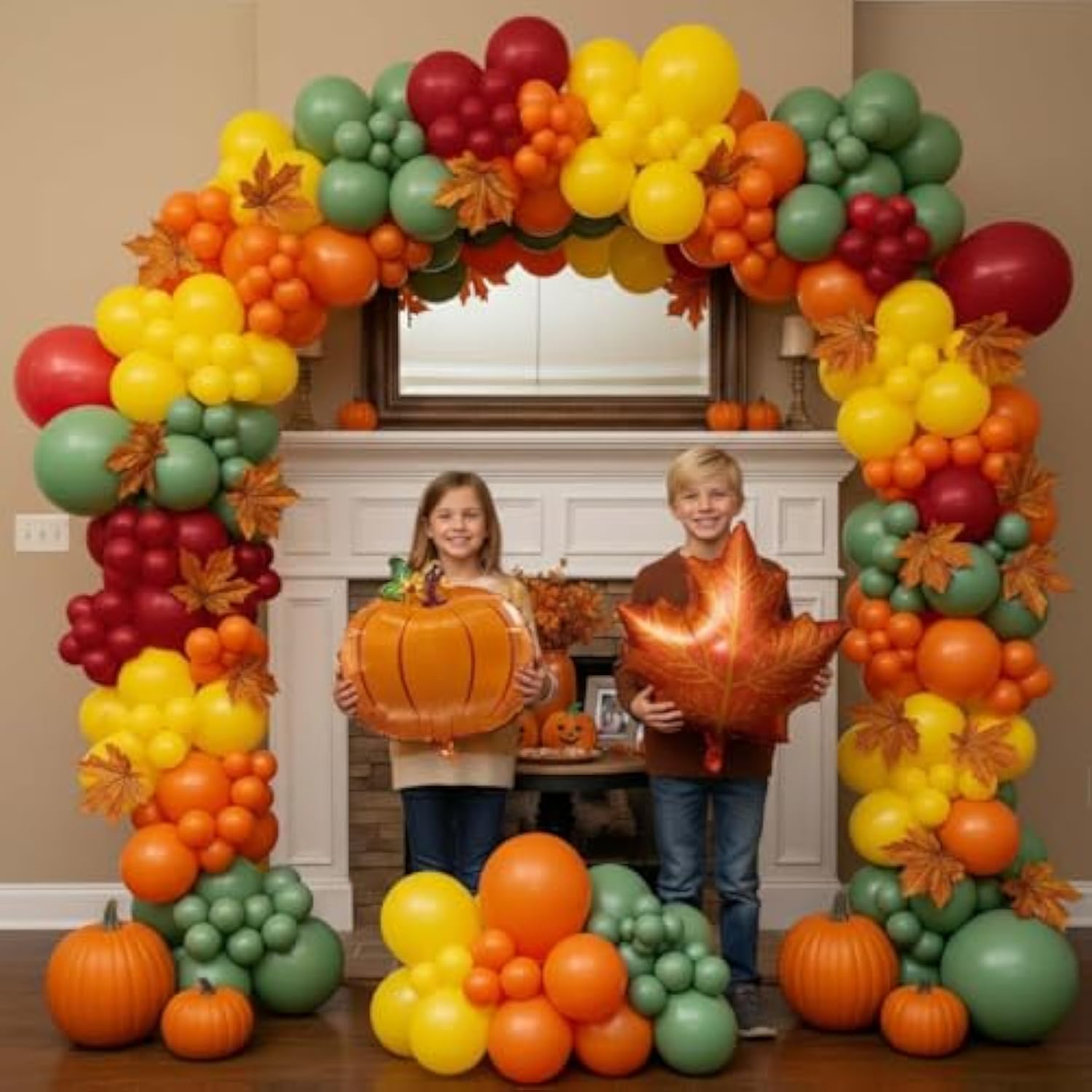 Fall Thanksgiving Balloon Arch Kit Green Red Yellow Orange with Maple Leaf for Baby Shower