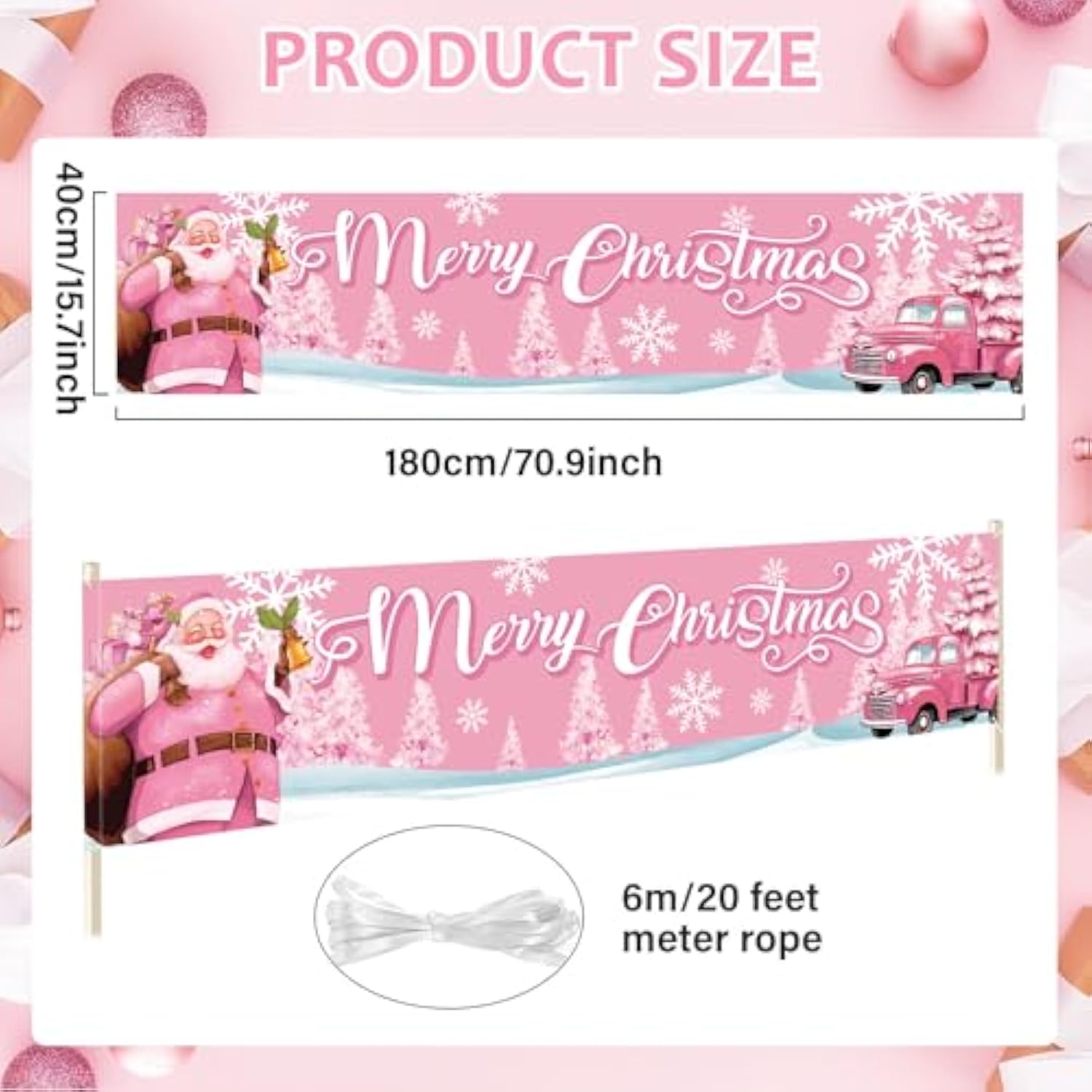 Pink Christmas Banner Merry Christmas Banners Decoration For Outside Santa Claus Fence Banner Large Yard Sign Hanging Banner Xmas Tree Snowflake Garden Backdrop For Winter Holiday Party Supplies