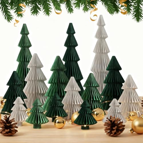 15Pcs Honeycomb Paper Christmas Tree, Dark Green Light Green Gray