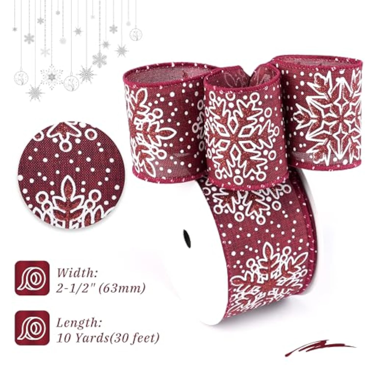 Burgundy Snowflake Wired Ribbon 2.5" X 10 Yard For Christmas Tree Decoration, Wreaths, Crafts, Home Decor, Gift Wrapping - Burgundy And White Burlap
