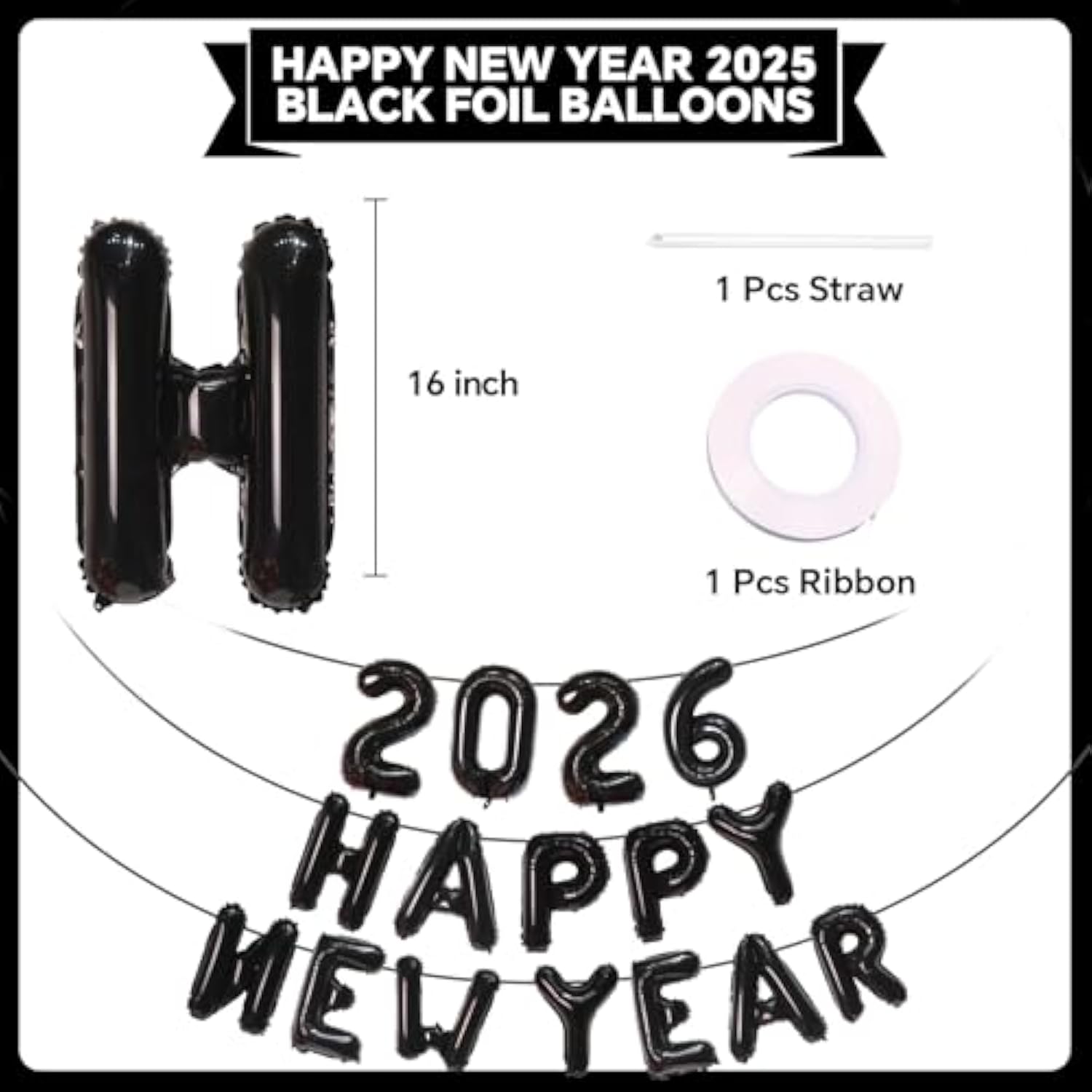 16in Black 2026 Number Balloons Happy New Year NYE Party Decorations