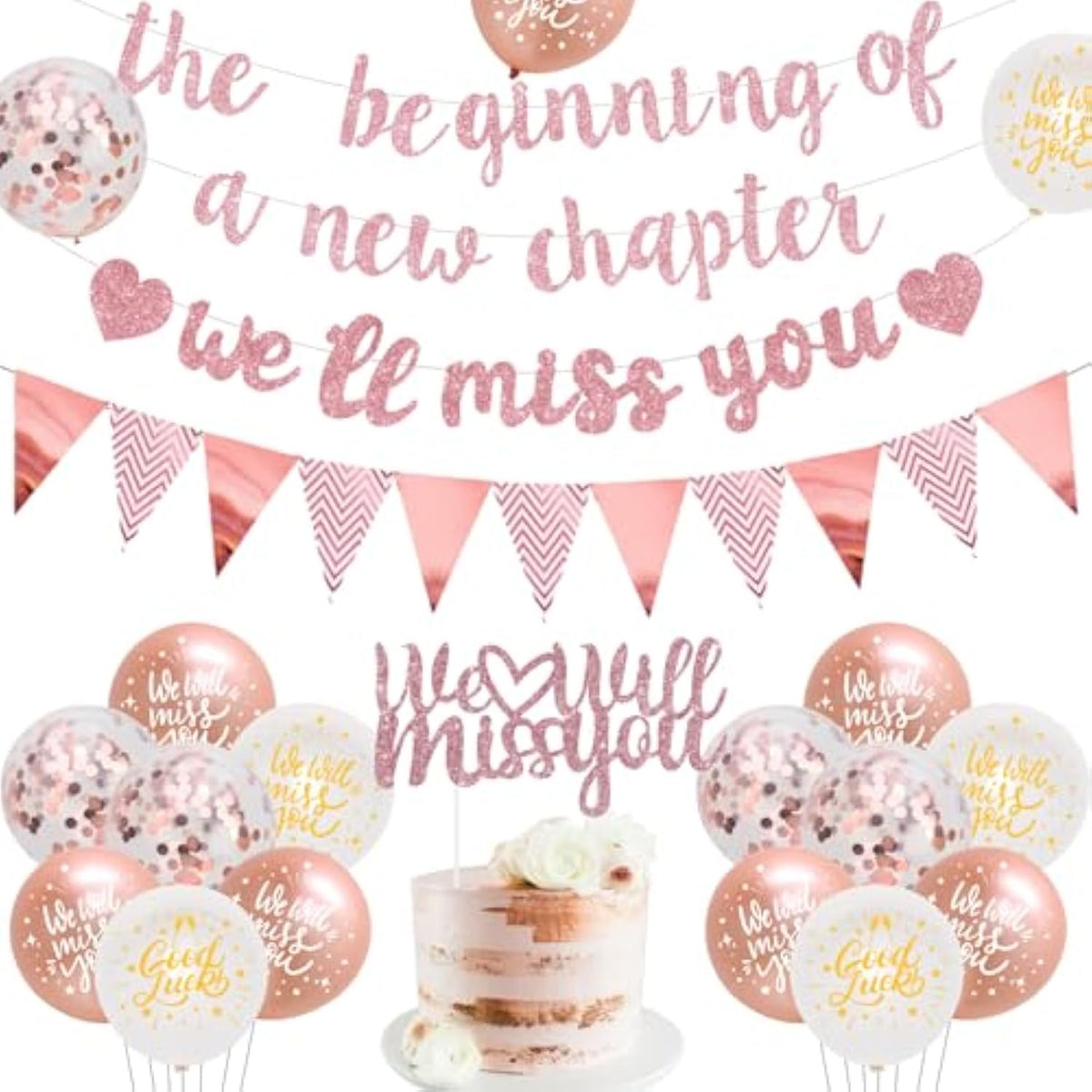 Farewell Party Decorations The Beginning Of A New Chapter Going Away We Will Miss You Theme Balloons Banner, Rose Gold Retirement Graduation Party Supplies For Women Girls