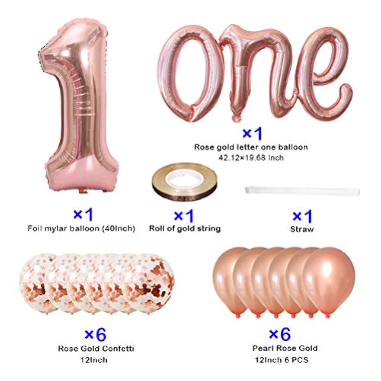 16pcs Rose Gold One & 1st Birthday Balloons Set with Confetti and Banner