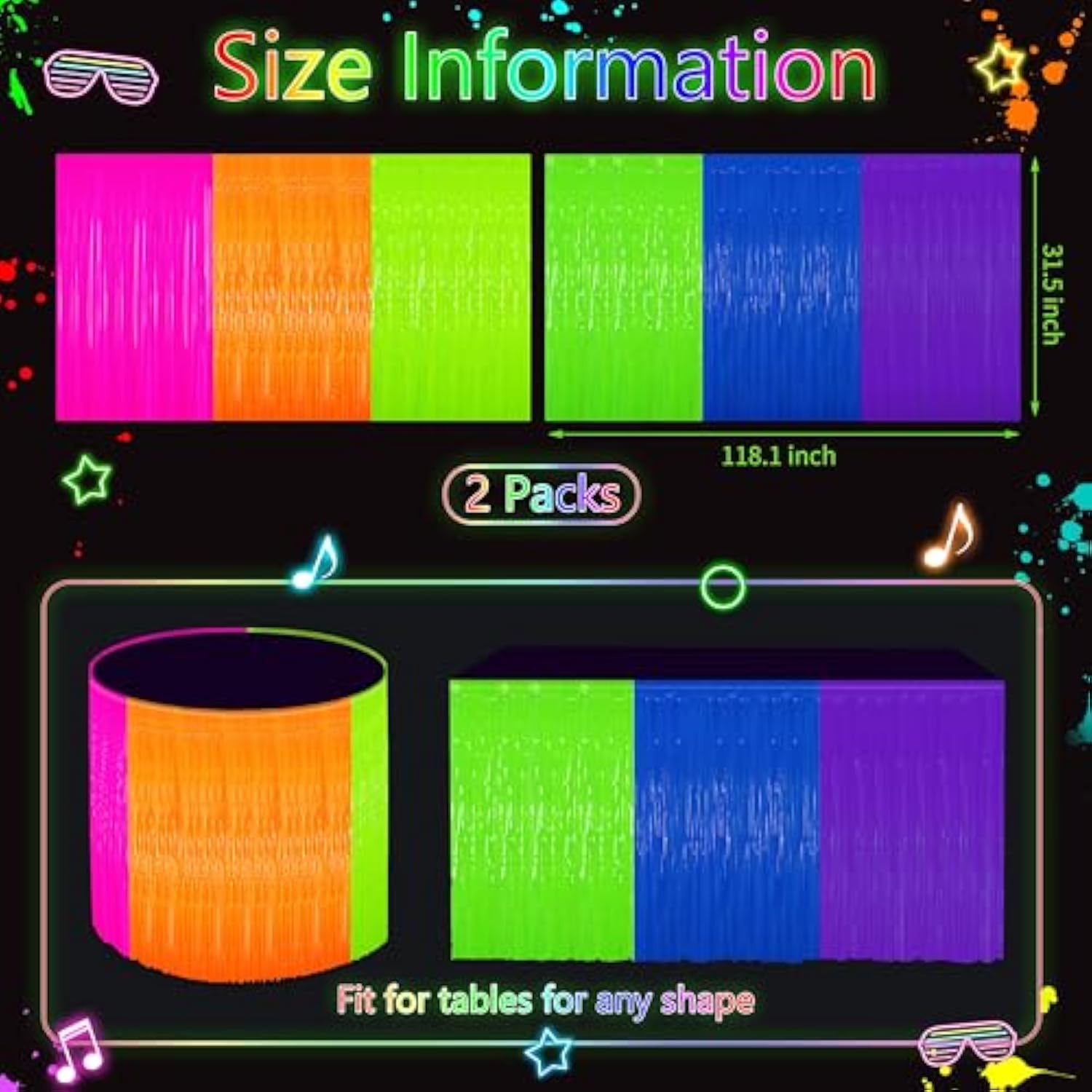 Glow In The Dark Party Supplies Kit - Neon Birthday Decorations With Balloon Garland Arch, Fluorescent Tinsel Curtains, Star Swirls, Cake Toppers & Table Skirt (100+ Pieces)