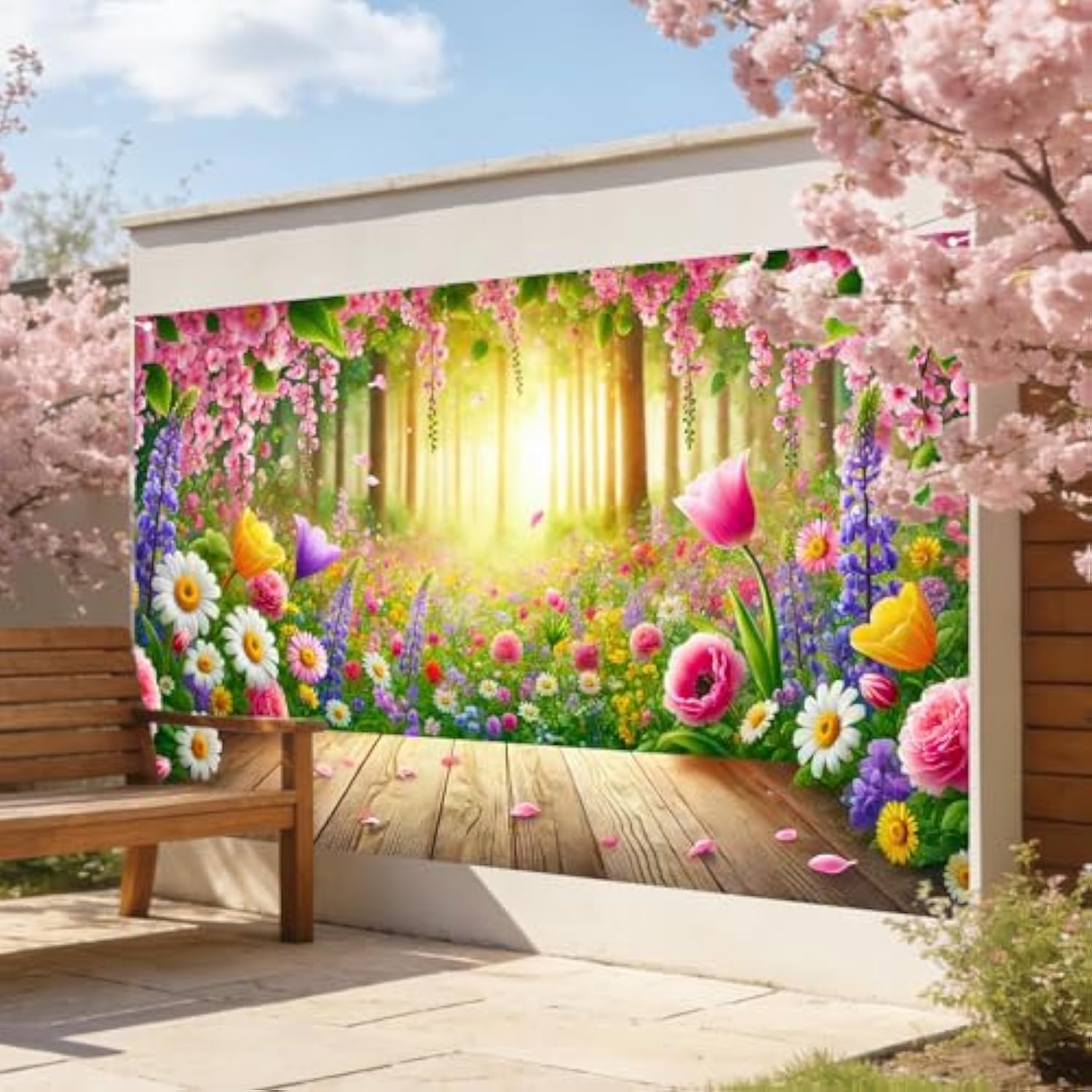 Hello Spring Banner - Wood Deck & Forest Floral Style - 71X43 Inches Polyester - Spring Banners For Outside - Banner For Patio, Garden, Pathway