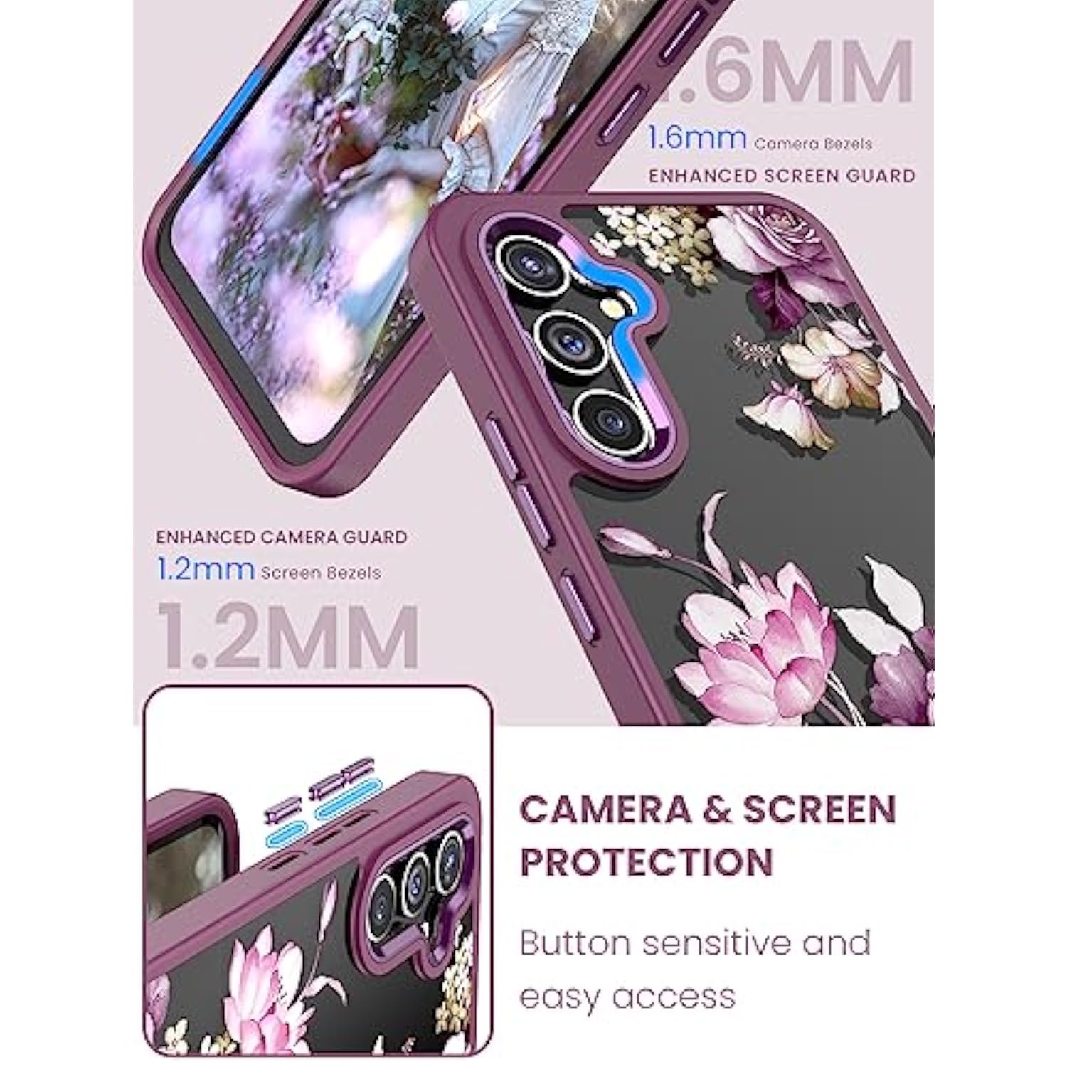 For Samsung Galaxy A54 5G Case With Tempered Glass Screen Protector [2 Pack],[Military Grade Protective] Slim Soft Tpu & Hard Pc,Girls Women Crystal Clear Flower Pattern Cases(Jd/Purple)