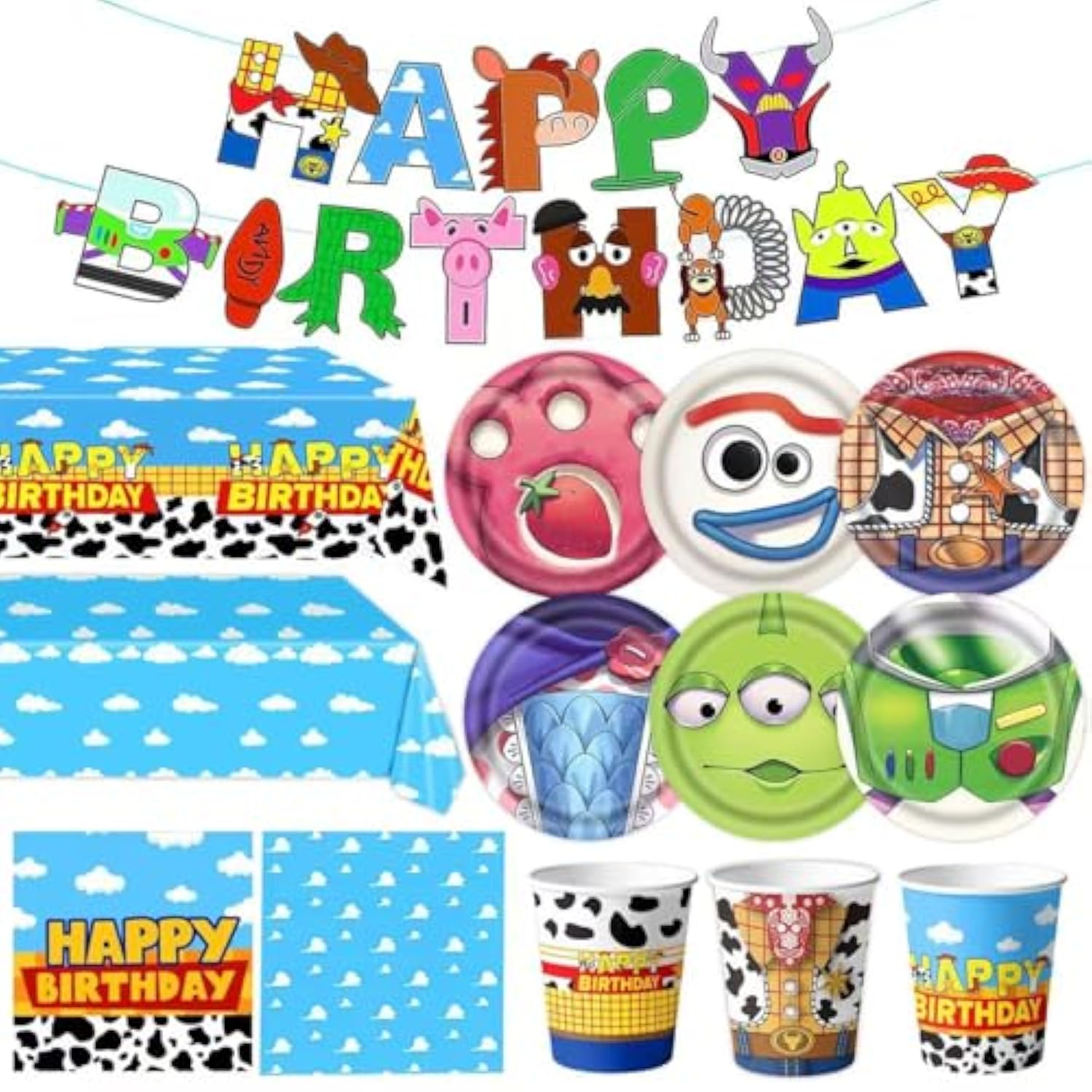 Toy Birthday Party Supplies,123Pcs Party Decorations Include 6 Different Style Paper Plates,Banner,Tablecloth,Napkins And Cups For Boys Girls Birthday Decor, Serve 30+Guest