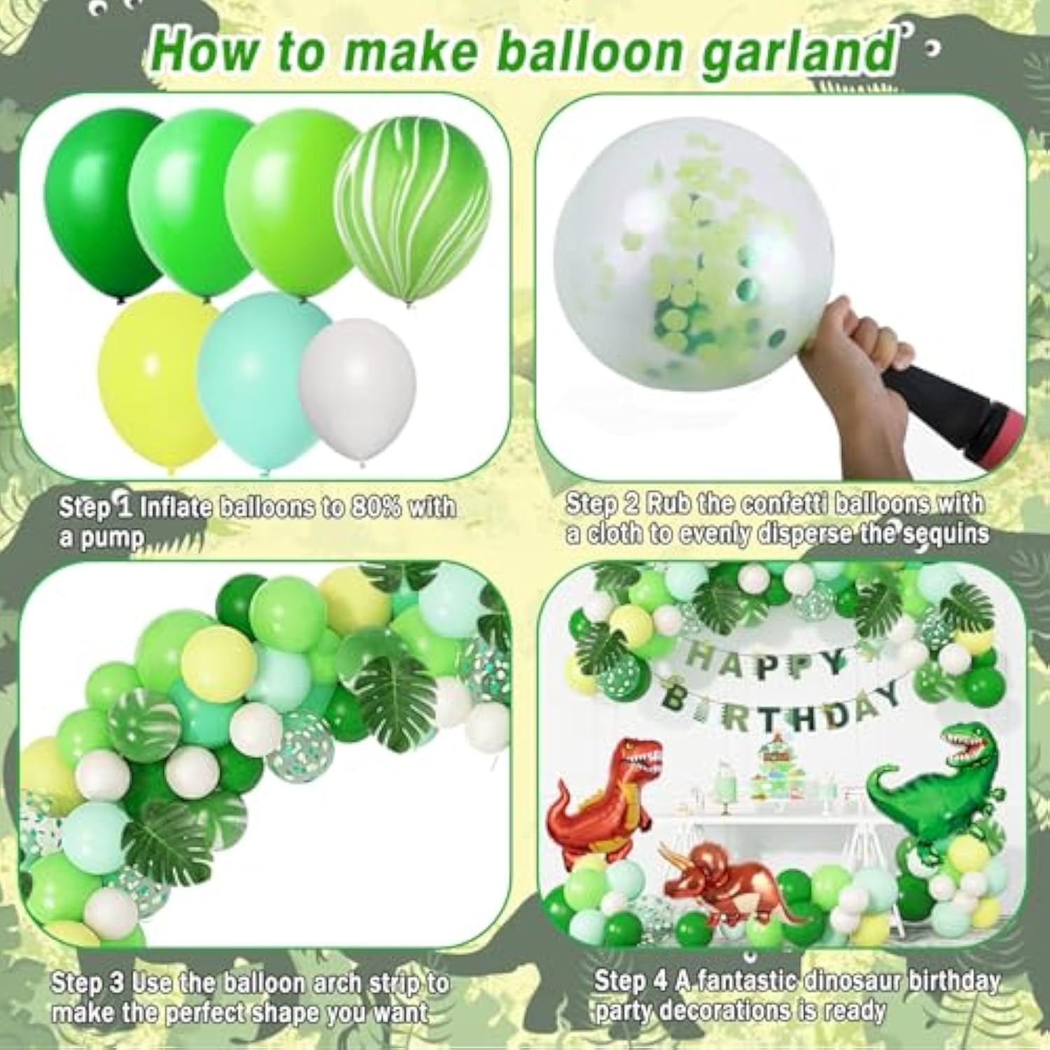 Dinosaur Balloons Arch Garland Kit - 40" Foil Dino Balloons, Happy Birthday Banners & Cake Topper For Jungle Dinosaur Party For Boys & Kids