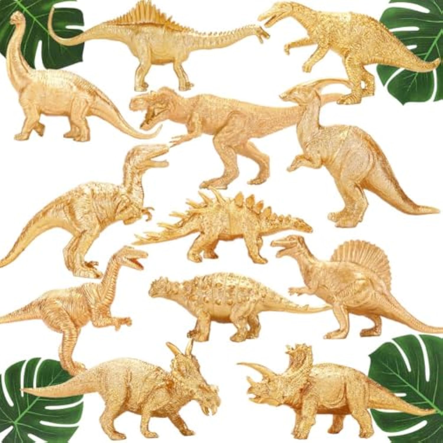 Metallic Gold Plastic Dinosaurs Figurine Toys, 12Pcs Golden Dinosaur Figures For Boys Girls, Baby Shower, Bridal Shower Decorations, Kids Dino Themed Birthday Party Supplies Cake Topper
