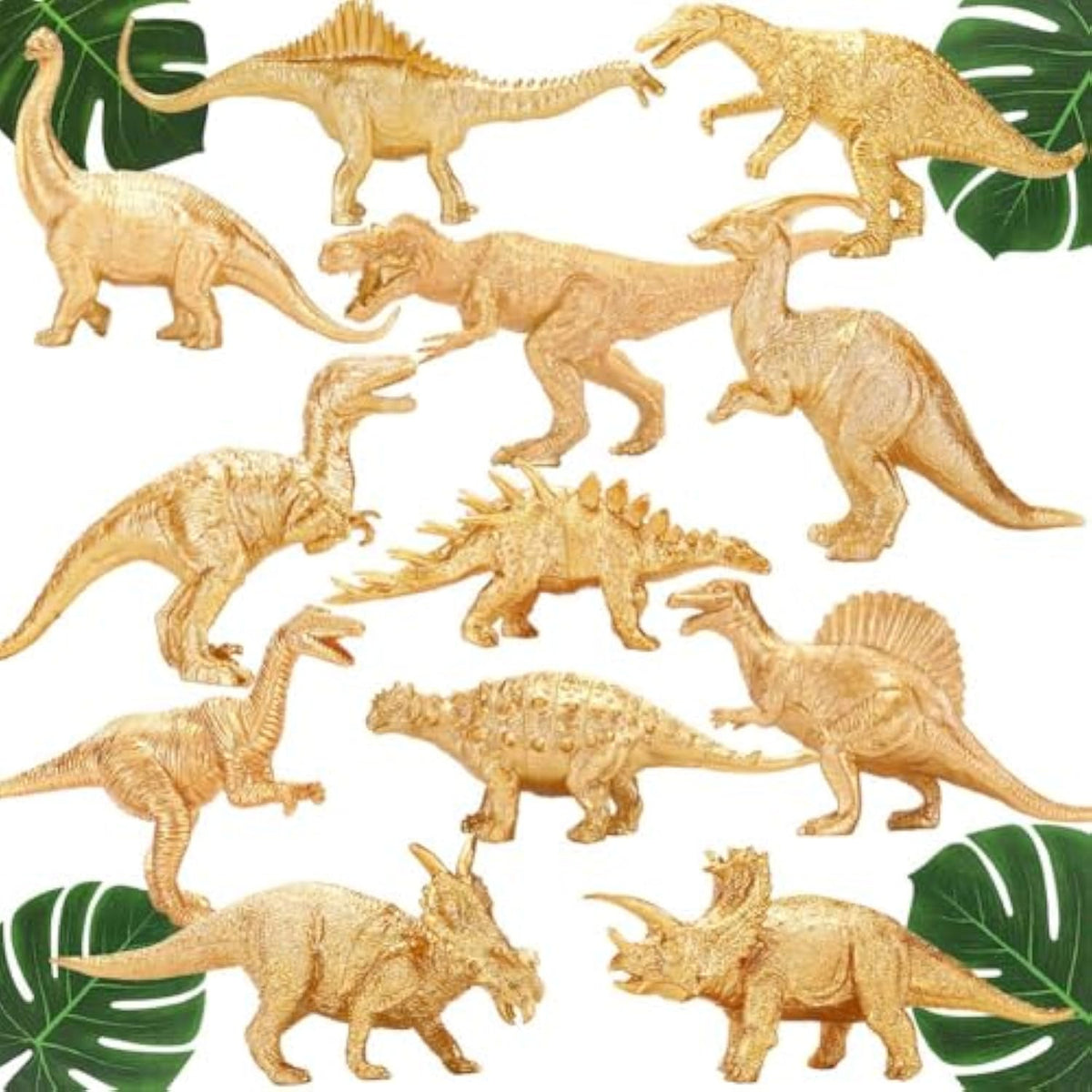 Metallic Gold Plastic Dinosaurs Figurine Toys, 12Pcs Golden Dinosaur Figures For Boys Girls, Baby Shower, Bridal Shower Decorations, Kids Dino Themed Birthday Party Supplies Cake Topper