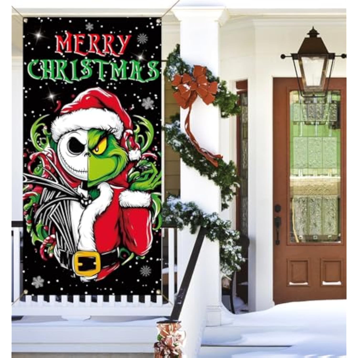 Merry Christmas Door Cover Jack Skellington Halloween Decoration Front Porch Banner Decor