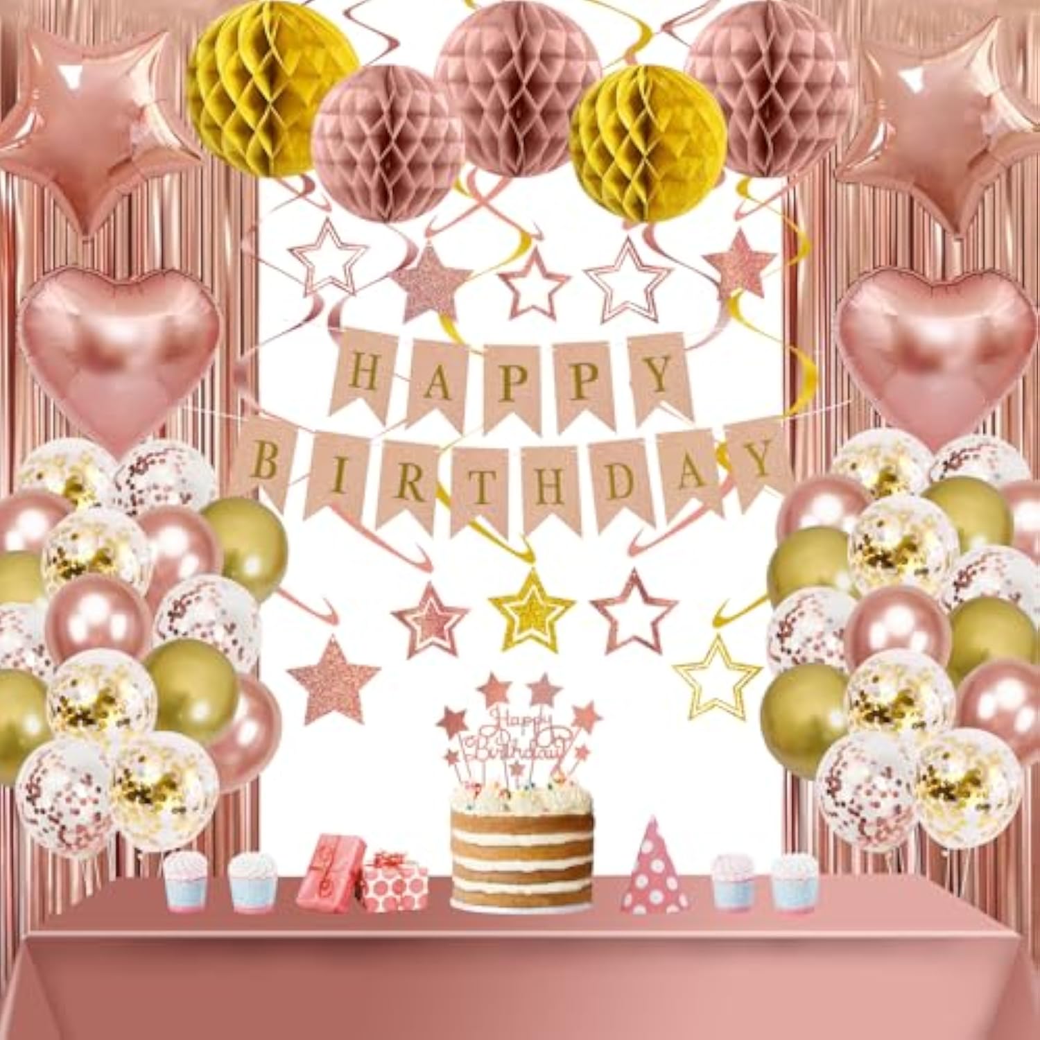 Rose Gold Birthday Party Decorations Supplies Happy Birthday Banner Honeycomb Balls Fringe Curtain Foil Balloons Hanging Swirls Cake Topper Tablecloth Party Supplies For Women Girls