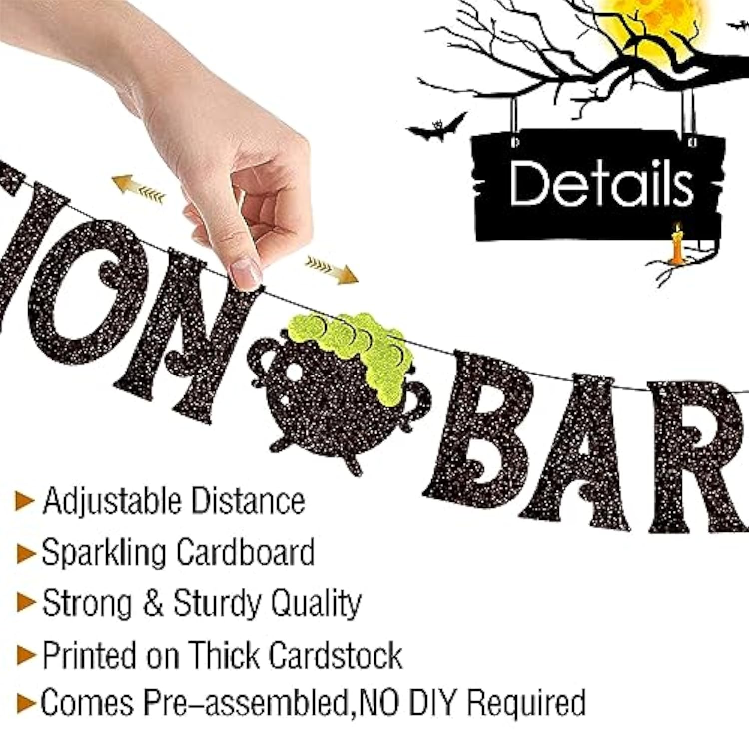 Potion Bar Banner Halloween Poison Bat Horrible Witches Haunted House Theme For Men Women Halloween Festival Holiday Party Purple Glitter Decorations (Potion Bar)