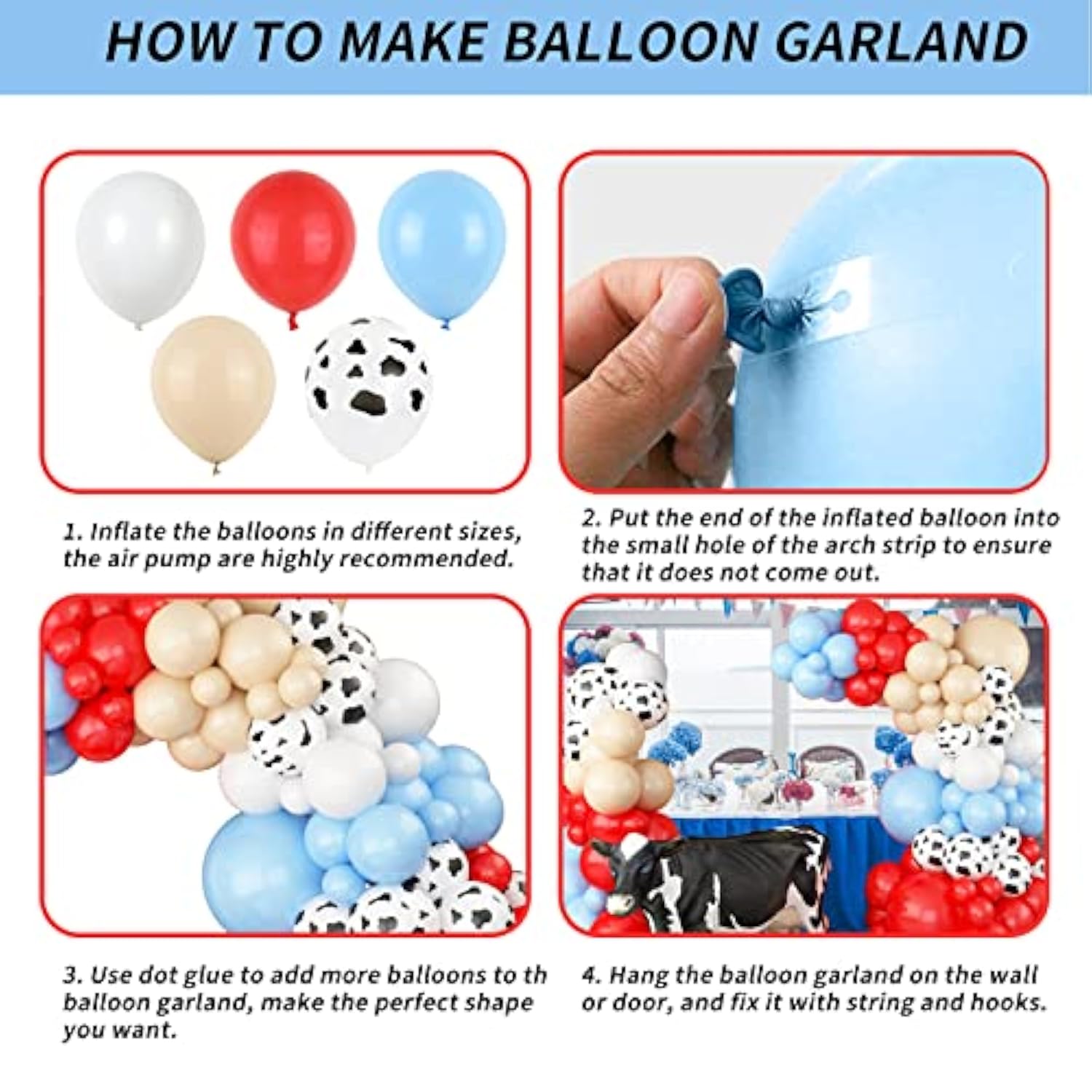 115PCS Farm Animal Balloon Garland Kit - Red, Blue & Cow Print for Party Decor