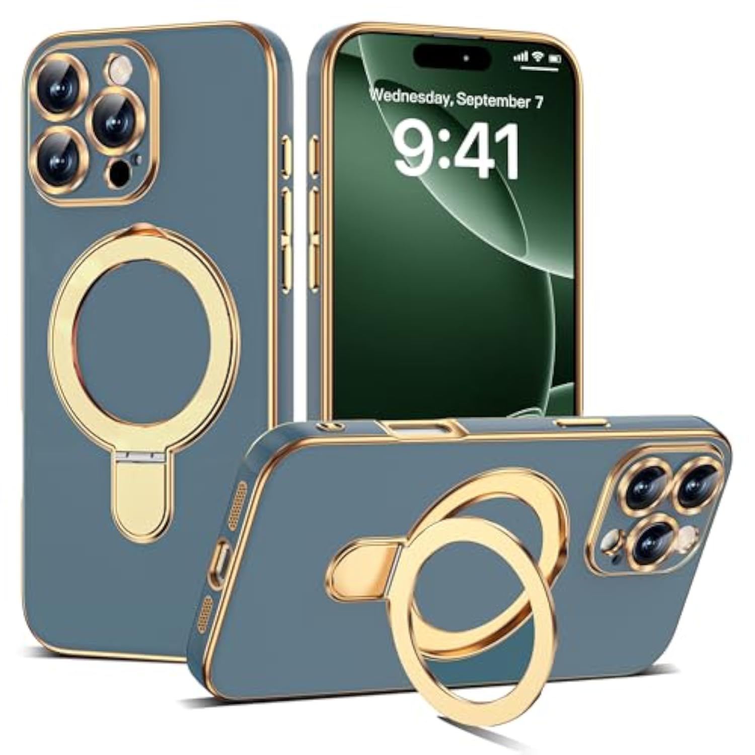 Grey Blue Plating Phone Case for iPhone 16 Pro Max with Stand 6.9 inches