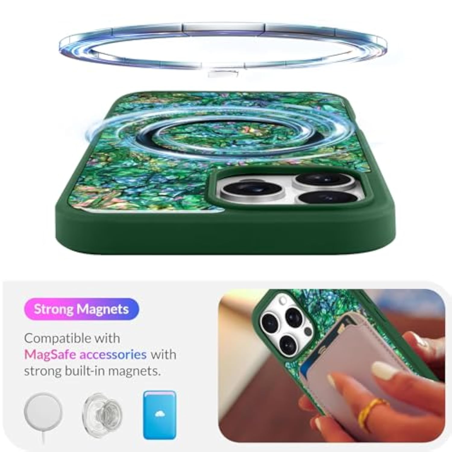 Magnetic For Iphone 16 Pro Max Case, Luxury Colorful Abalone Shell Phone Case For Women Men, Compatible With Magsafe, Cute Sparkle Glossy Shockproof Protective Cover, Emerald Green