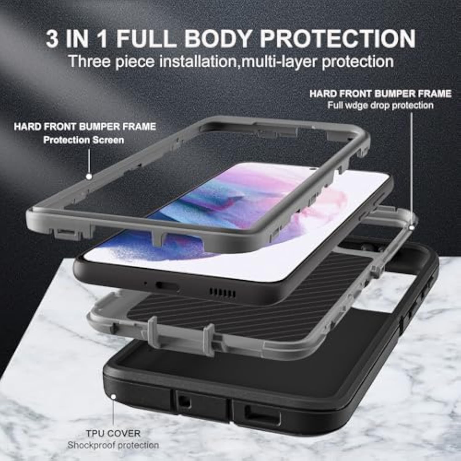 For Samsung Galaxy S21 Plus Case, Military Grade 3 In 1 Heavy Duty Shockproof/Drop Proof/Dust Proof Case With 2Pcs Tempered Glass Screen Protector & Camera Lens Protector (Black/Grey)