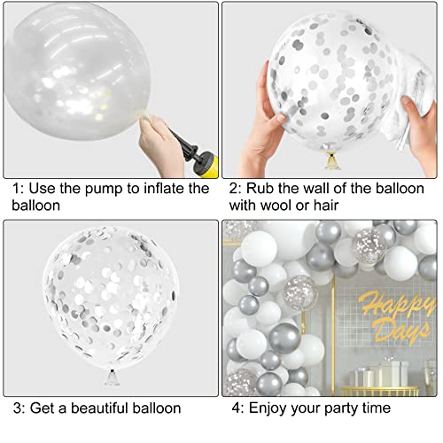 108 Pcs White Silver Balloon Garland Arch Kit 5 10 12 18 Inches Pastel White Silver Confetti Balloons for Birthday Wedding Bridal Showers Baby Shower Party Decorations