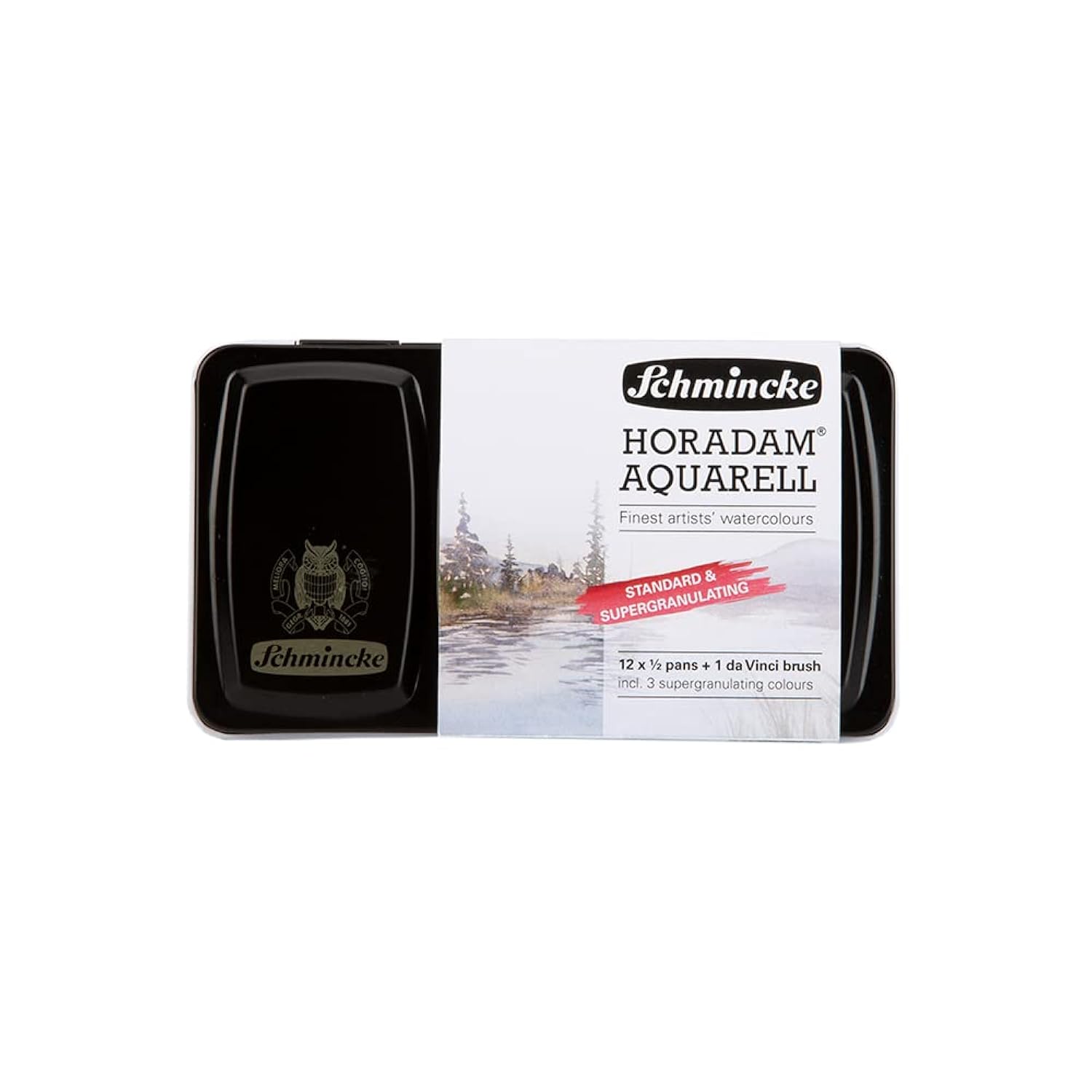 - Horadam Aquarell 12 Half Pans - Standard And Super Granulating Colors - And Da Vinci Brush, 74630097, Metal Box, Painting Set, 12 X 1/2 Pans