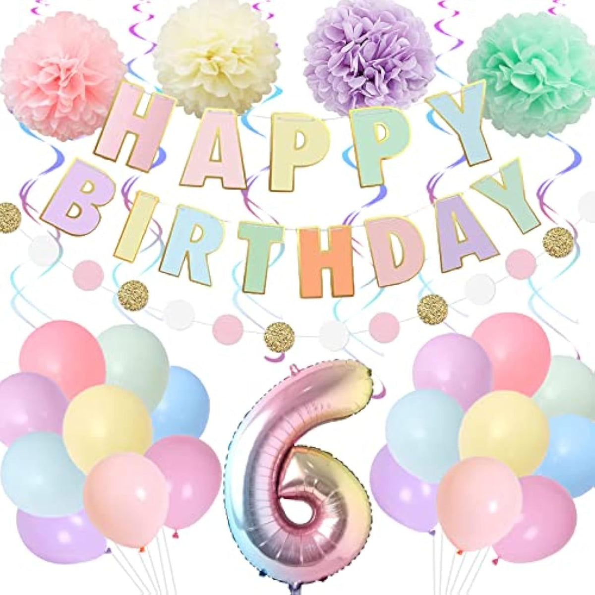 Rainbow 6Th Birthday Party Pack - 40" Gradient Number 6 Balloon, Banner & Supplies For Kids