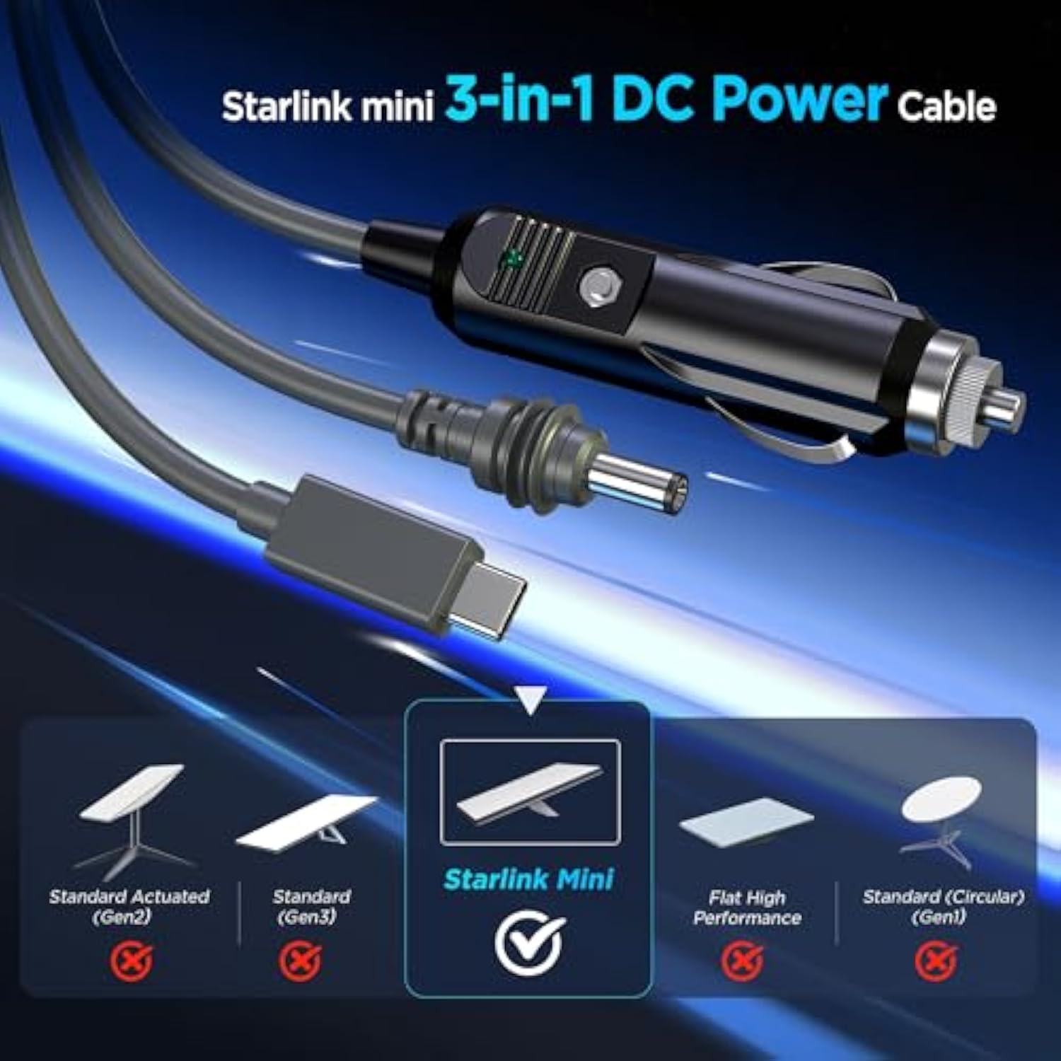 3 In 1 Starlink Mini Cable 10Ft/ 3M, High-Speed Usb C/Car Charger/Dc To Dc Replacement Cable For Starlink Mini Power, Waterproof Extension Power Cable Accessories