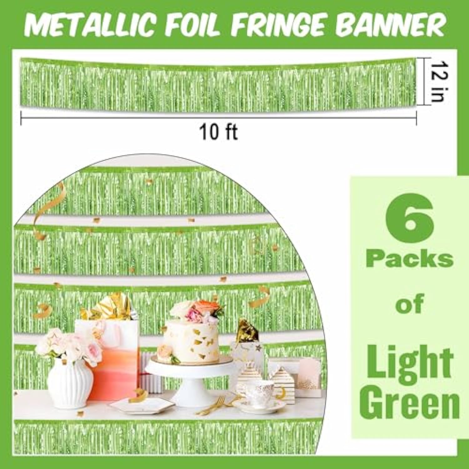 6 Pack 10 Ft Light Green Foil Fringe Garland Metallic Streamers Tinsel Banner Wall Hanging Garland Backdrop For Parade Floats, Halloween, Christmas, Thanksgiving, New Year Party Decorations