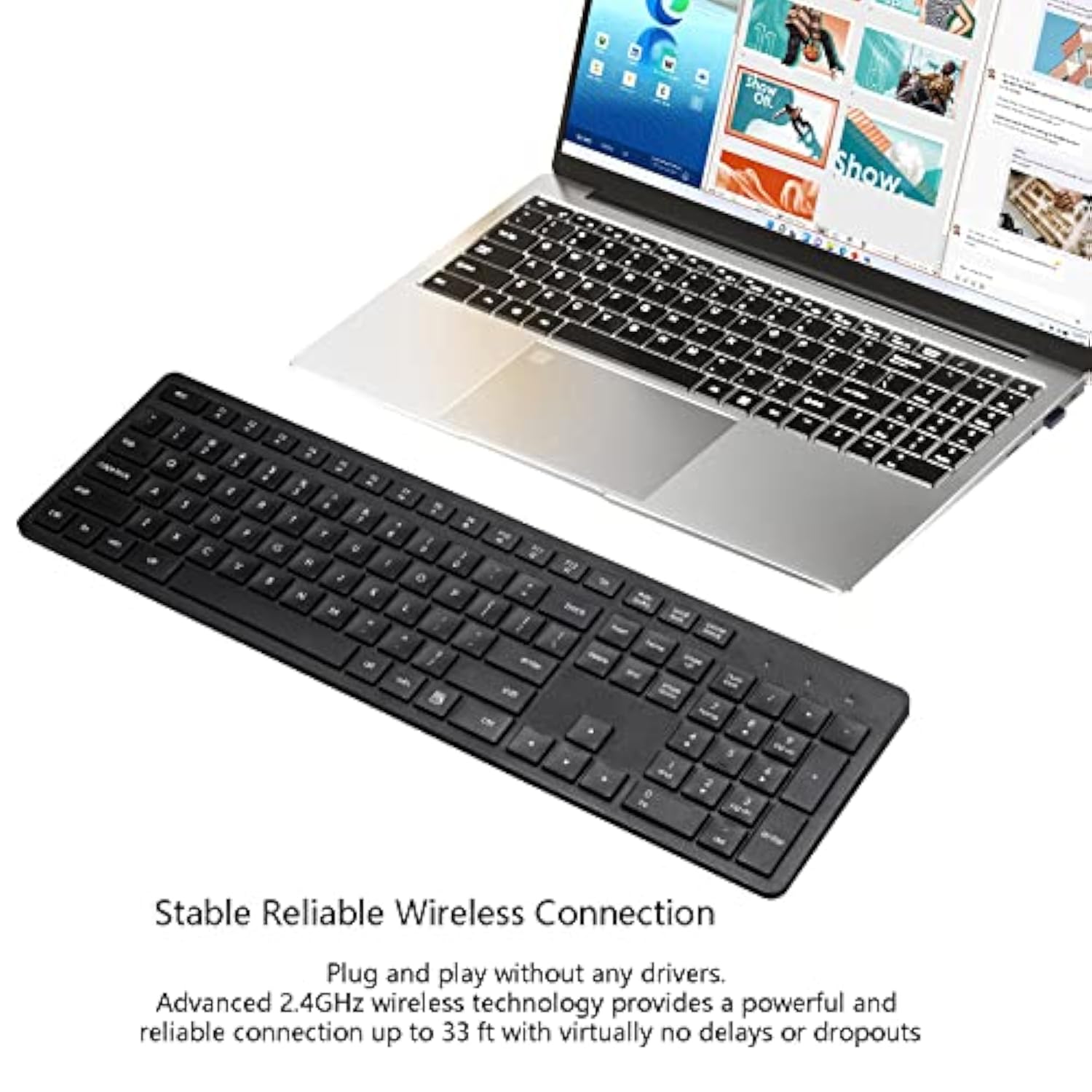 Wireless Keyboard, 2.4G Usb External Silent Cordless Keyboard For Windows Chrome Laptop Computer Pc Desktop Notebook Chromebook, 106 Keys Full Size With Number Pad (Black)