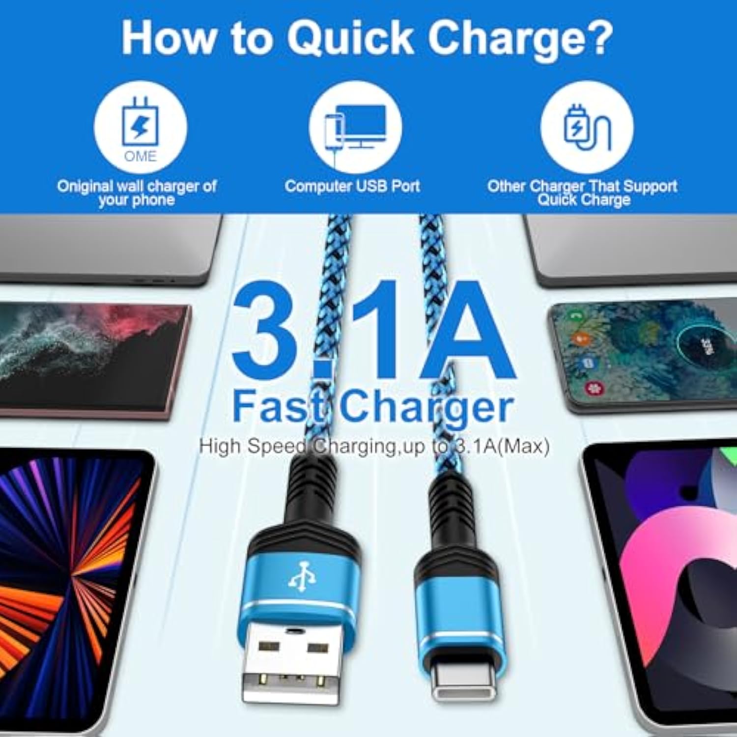 Usb C Charger Cable Samsung Fast Charging Cord 6Ft 3 Pack For Samsung Galaxy Z Fold 7 6 Flip 7 Fe 6 5 S25 A16 A15 5G A35 A55 S24 S23 A25 A14 A54 S22 S21, 3.1A Type A To Usbc Android Phone Power Cord
