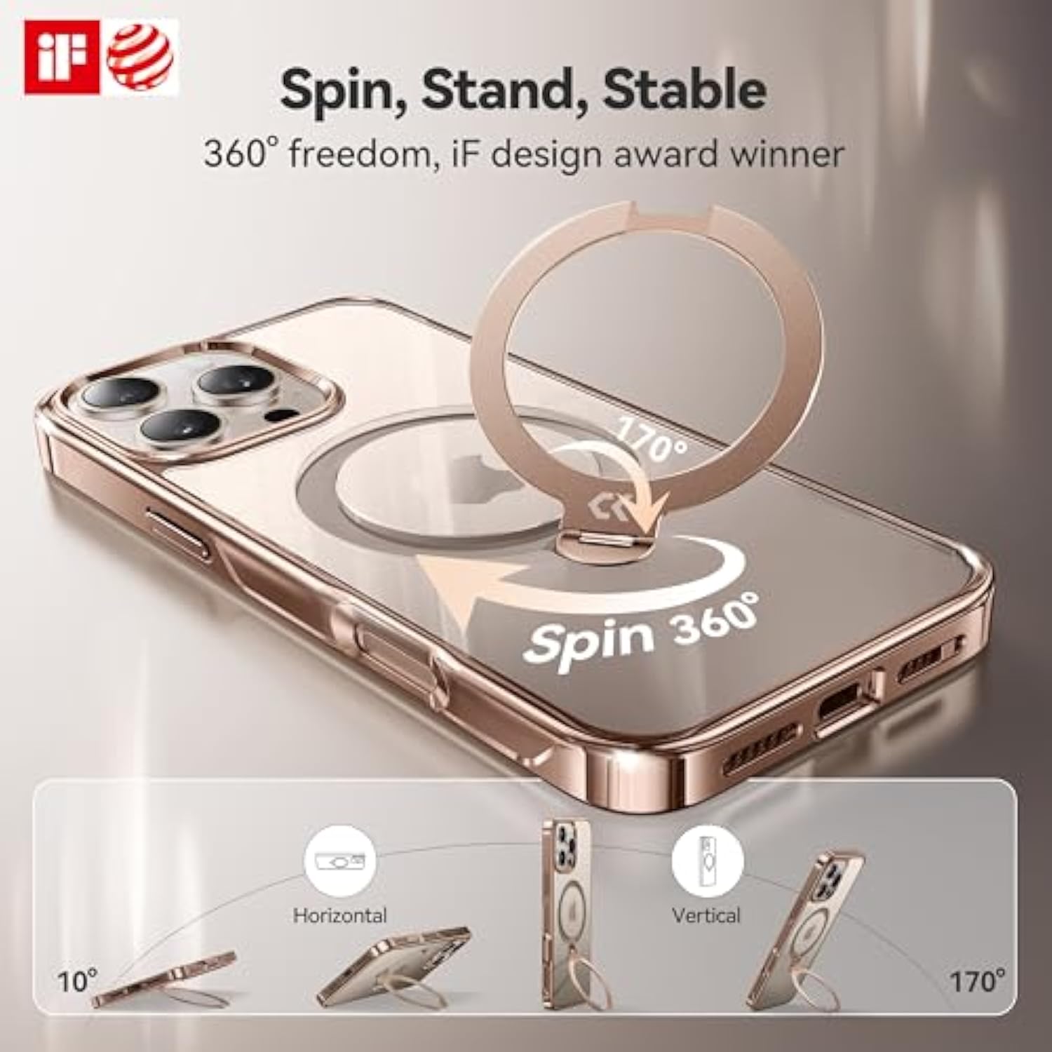 Desert Titanium For Iphone 16 Pro Max Case With 360° Spin Magnetic Stand [Compatible With Magsafe][16Ft Protection] Polished For Iphone 16 Promax Case With Stand Ring 6.9'', Rose Gold