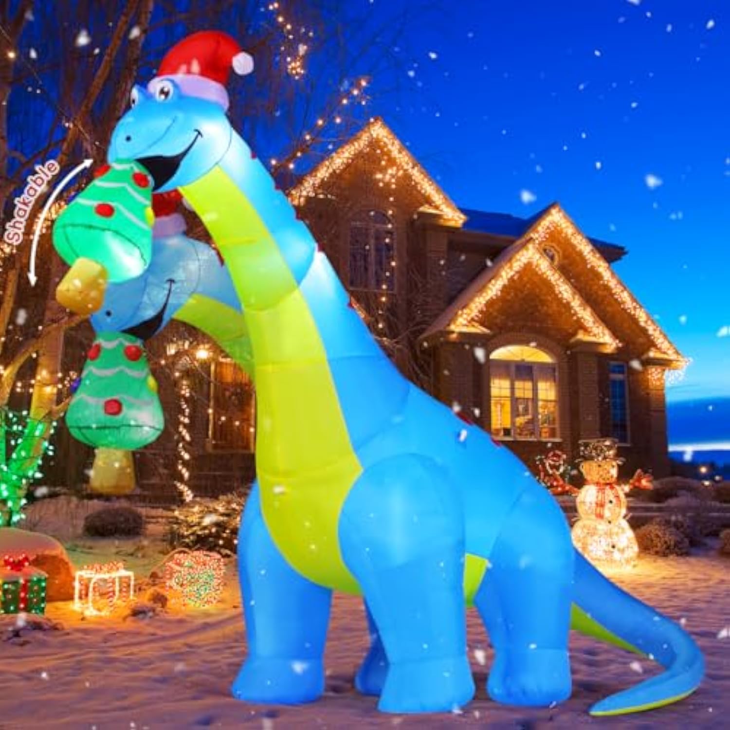 10Ft Christmas Inflatables Outdoor Decorations, Blow Up Dinosaur Eat Christmas Tree Shake Dinosaur With Built-In Leds Fo