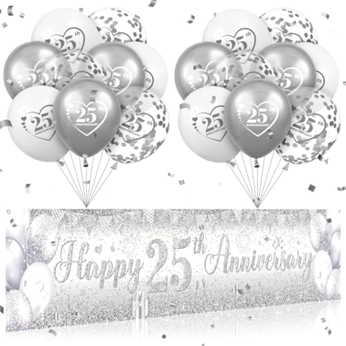 Silver 25Th Wedding Anniversary Decorations For Men Women Silver Happy 25Th Anniversary Banner And 18Pcs Balloons For 25 Years Wedding Party Decoration Supplies